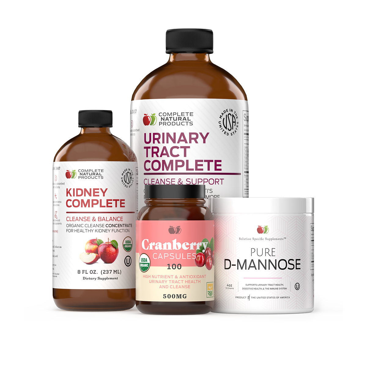 The CNPUSA Urinary Tract Complete Bundle features four supplements—Kidney Complete, Urinary Tract Complete, Cranberry Capsules, and Pure D-Mannose—formulated to support urinary tract health and balanced pH.