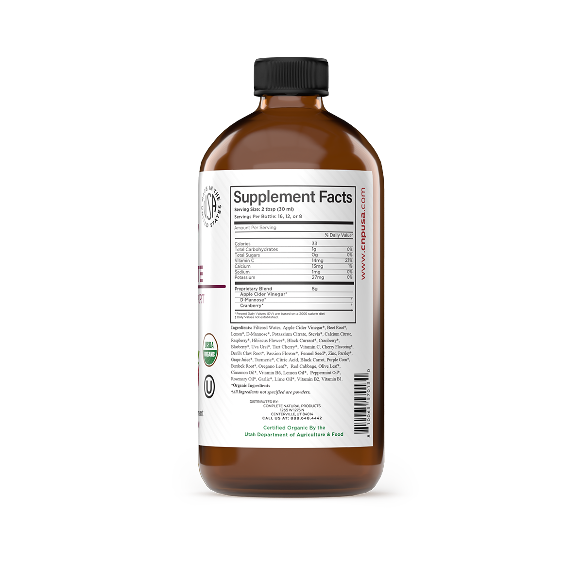 A brown glass bottle of CNPUSA Urinary Tract Complete features a white label with supplement facts, ingredients, organic liquid certifications, dosage info for UT health, a barcode, and certification logos on a white background.