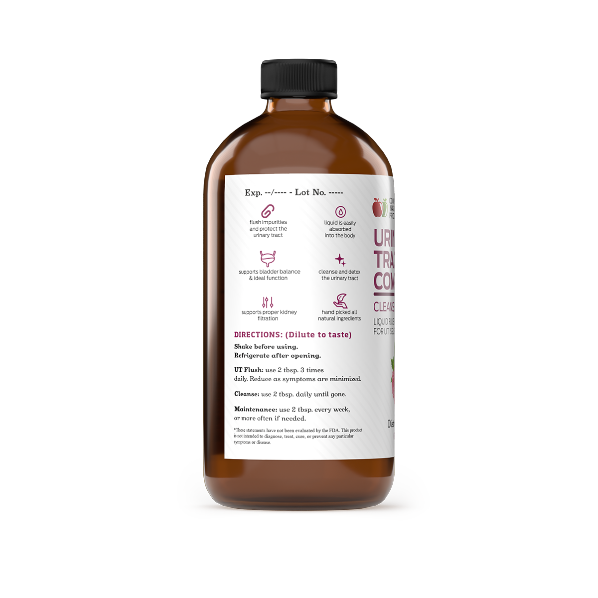 A brown bottle labeled Urinary Tract Complete by CNPUSA features directions, benefits, dosage for this organic liquid supplement, highlights urinary tract support, icons and text, plus expiration date and lot number at the top.