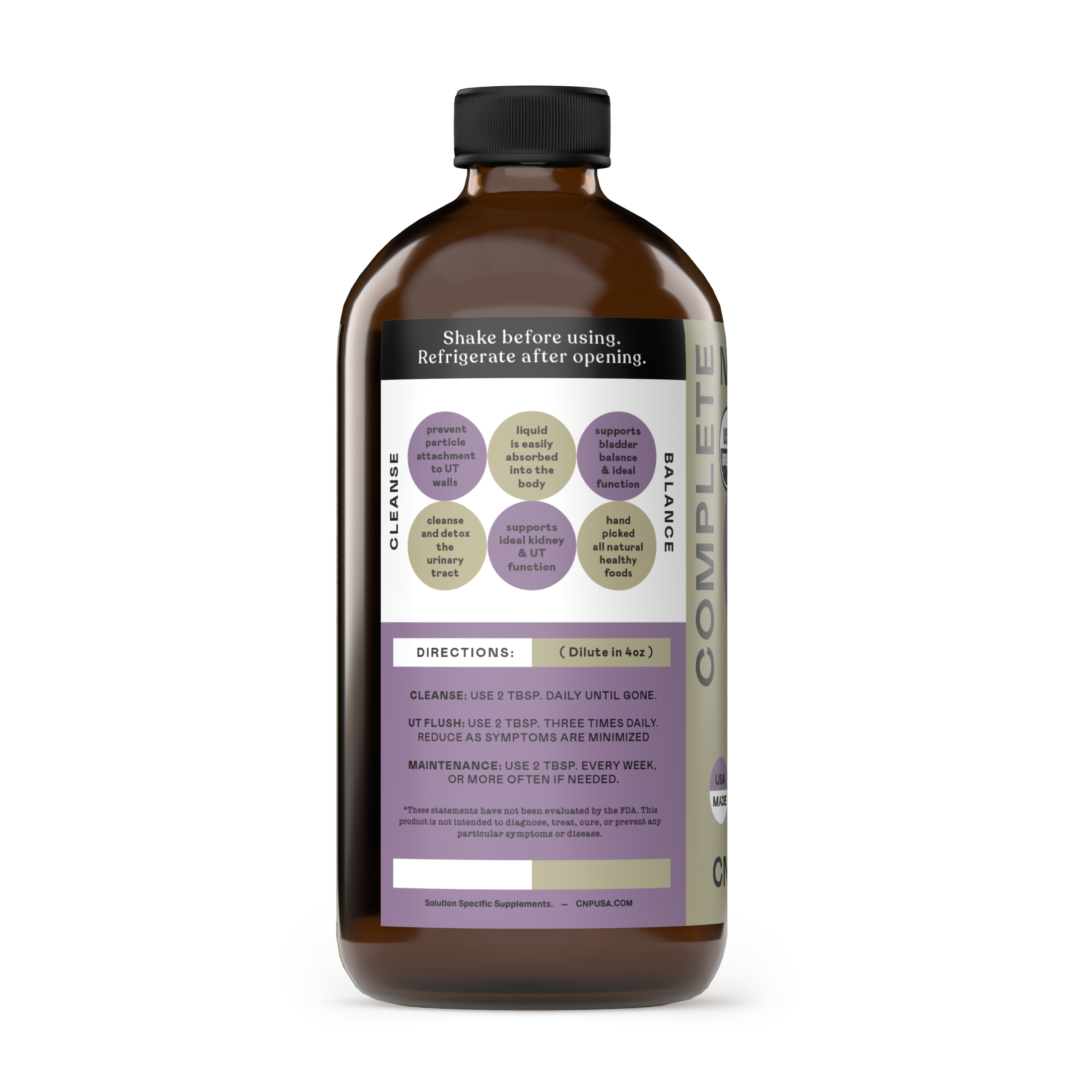 The Urinary Tract Complete by CNPUSA comes in a 16oz brown glass bottle with a black cap, featuring a label with usage directions, benefits, and refrigeration info for its organic liquid bladder health formula.