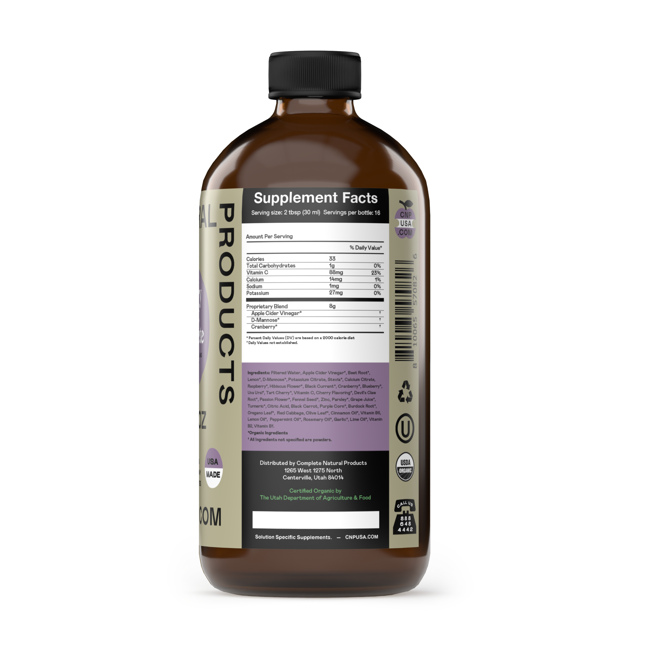 A brown 16oz glass bottle of CNPUSA Urinary Tract Complete, labeled with supplement facts and ingredients like filtered water, apple cider vinegar, and fruit juice concentrates. Certifications highlight this organic bladder support formula.