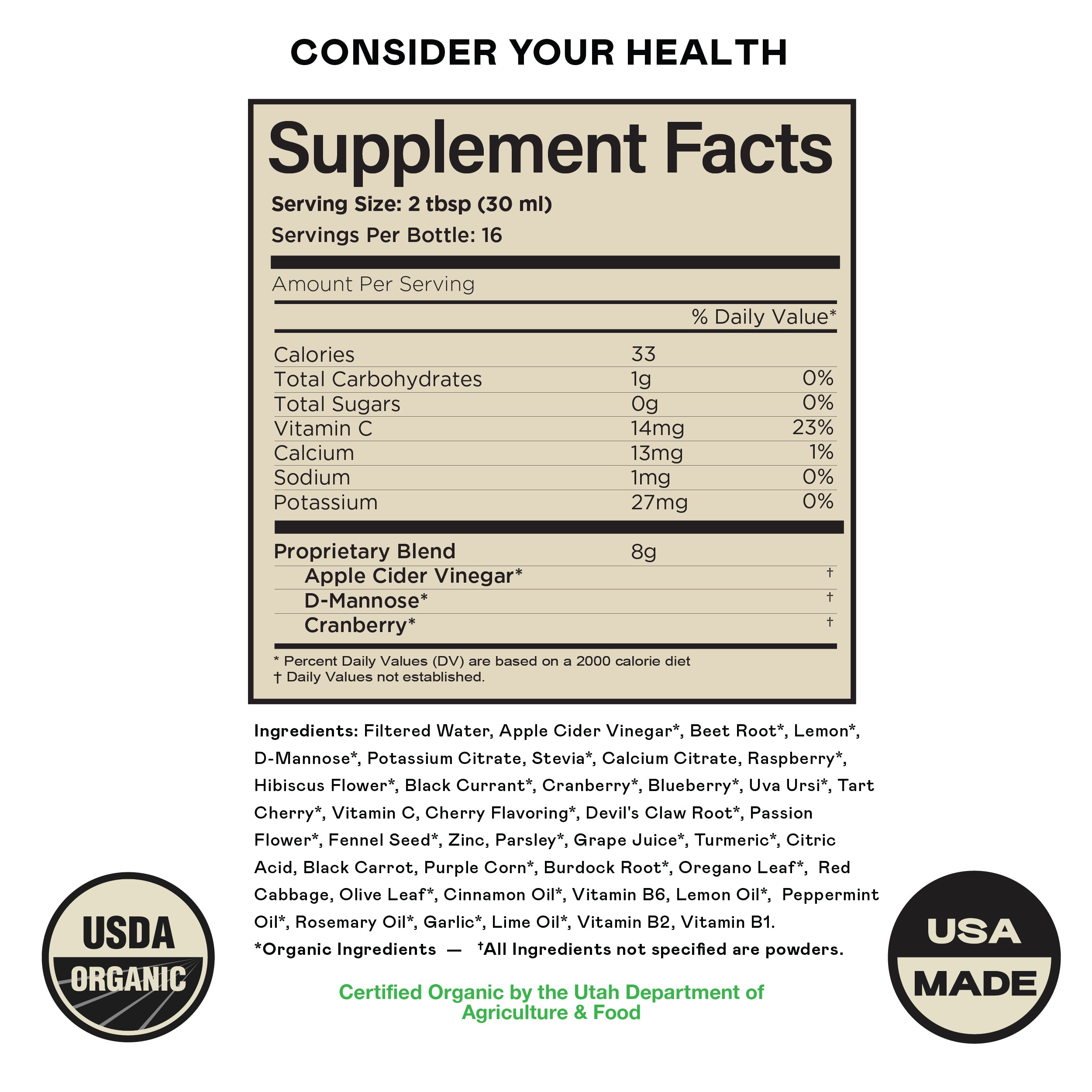 Supplement Facts for CNPUSA Urinary Tract Complete (16oz Glass Bottle): nutrients per serving, natural ingredients, USDA Organic and Utah Department of Agriculture & Food Certified. Supports natural health defense and urinary tract cleanse.