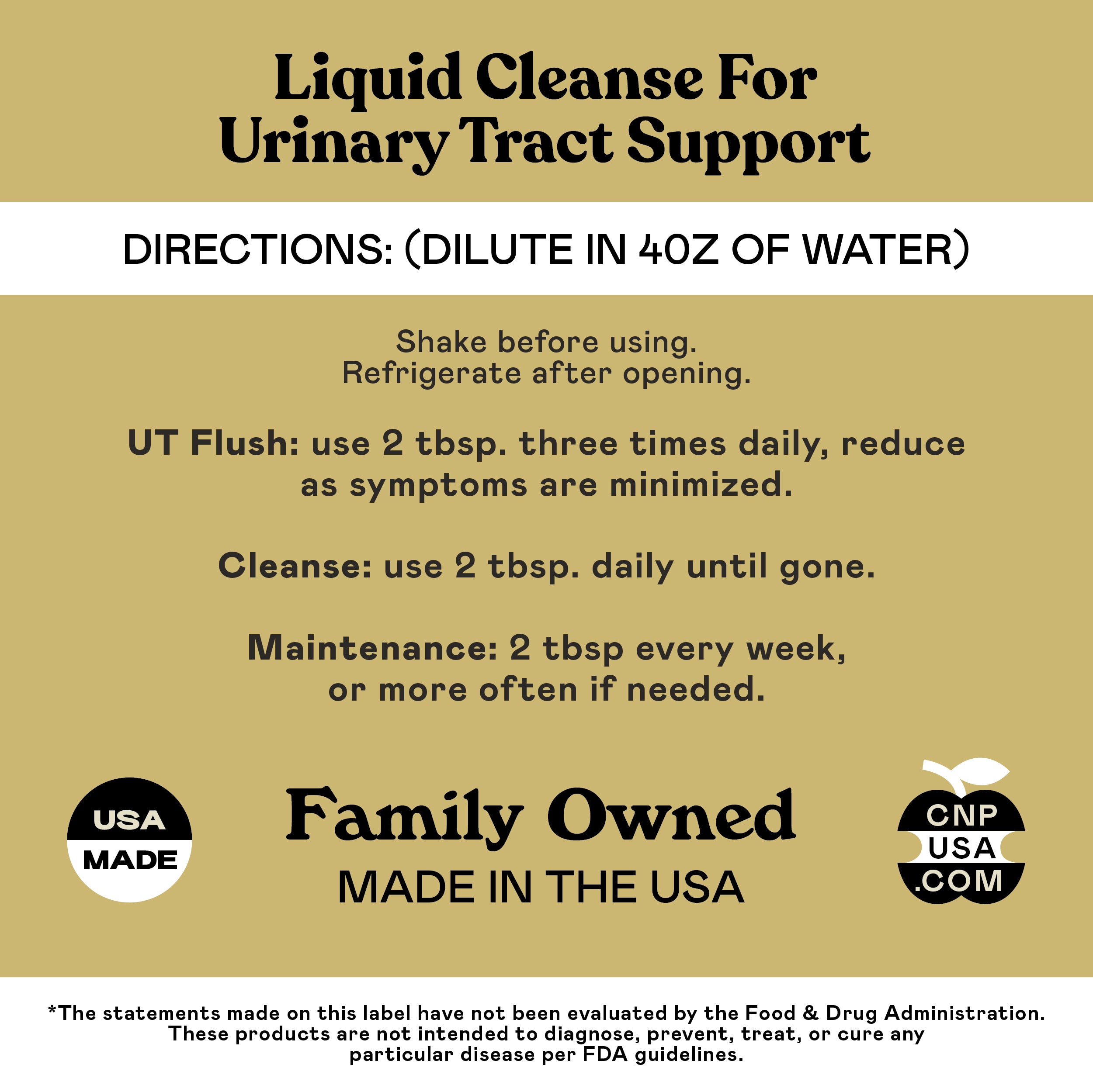 Product label for Urinary Tract Complete by CNPUSA—16oz glass bottle of USA-made, organic liquid bladder support. Family-owned brand. Directions: dilute in 4oz water. Usage instructions and FDA disclaimer included.