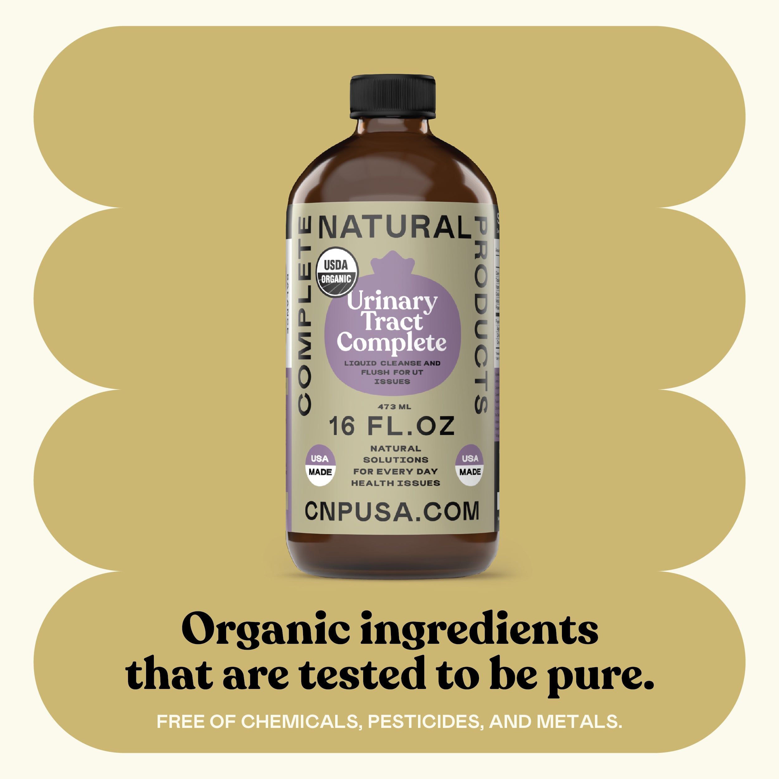 A brown 16oz glass bottle of CNPUSAs Urinary Tract Complete is shown on a beige background, highlighting its organic liquid bladder support. The label features USDA Organic, non-GMO, and Made in the USA certifications.