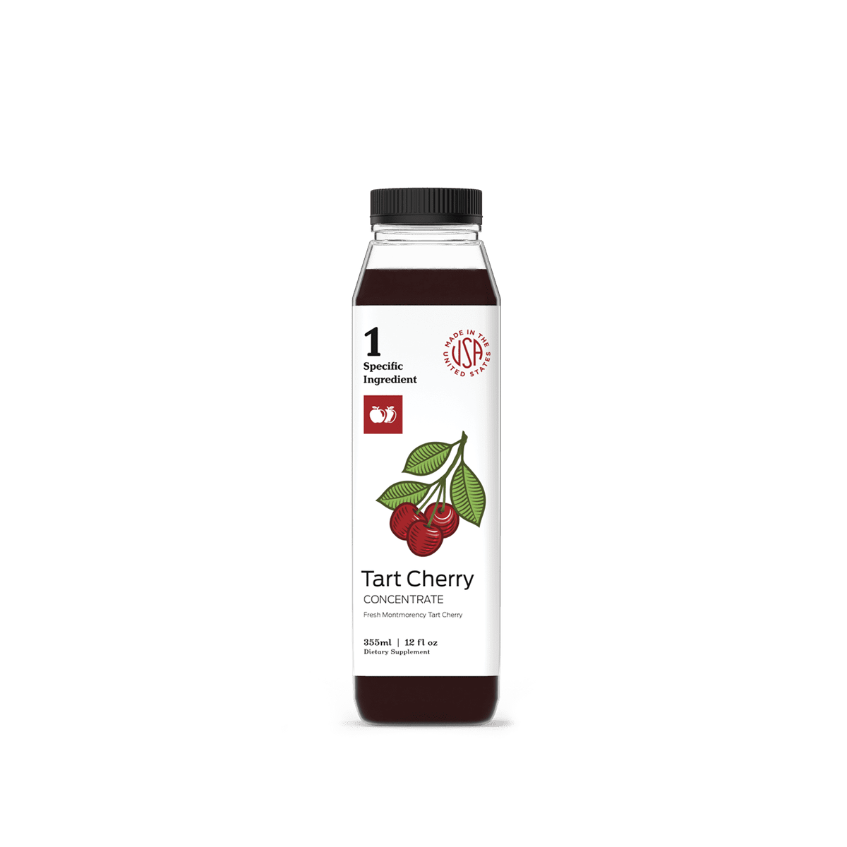 A clear plastic bottle of CNPUSA Tart Cherry Juice Concentrate with a black cap features a white label showing Montmorency Tart Cherries, the product name “Tart Cherry Juice Concentrate,” and information on its pure ingredients.