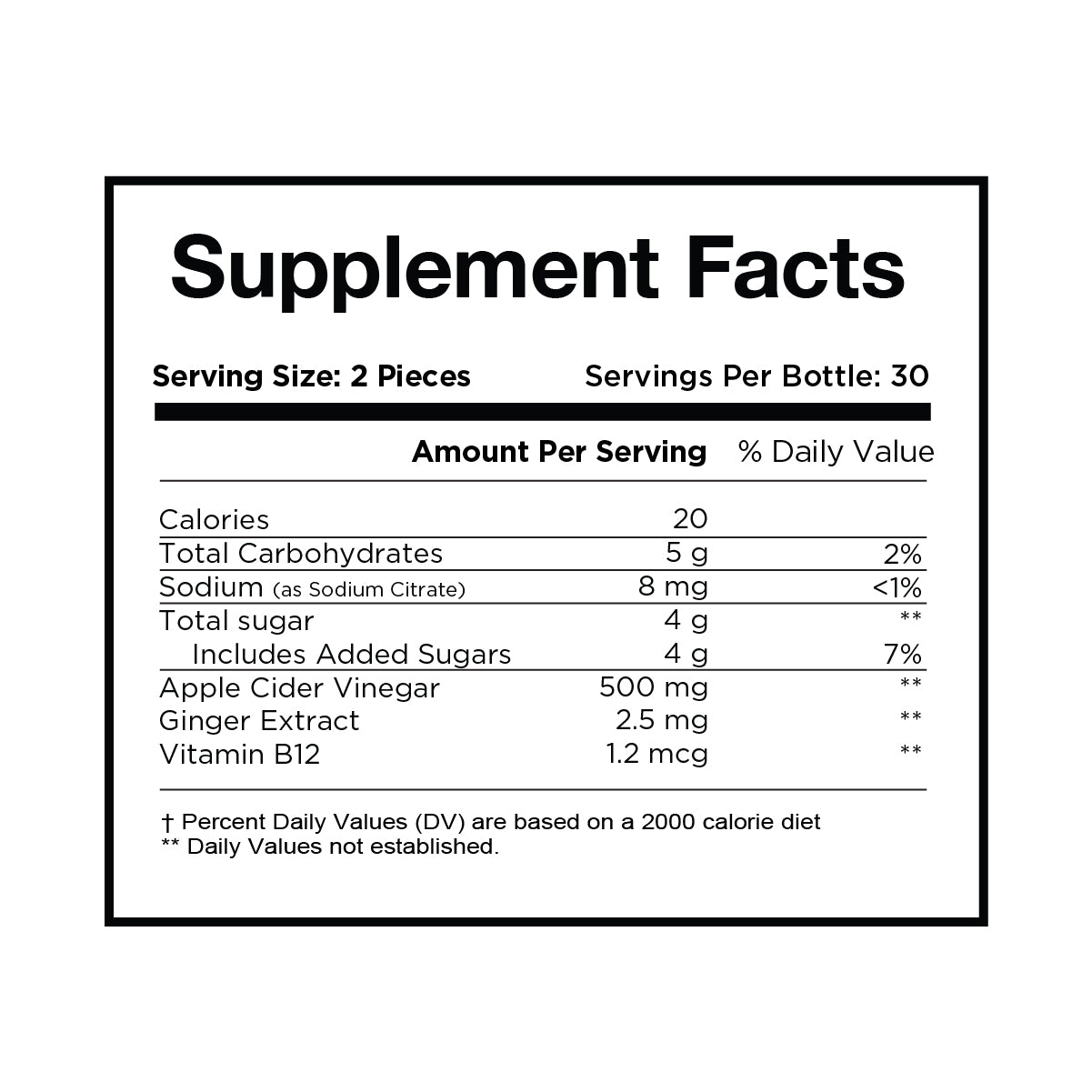 Supplement Facts label showing serving size of 2 pieces, 30 servings per bottle. Each serving: 20 calories, 5g carbs, 8mg sodium, 4g sugar, 500mg apple cider vinegar, 2.5mg ginger, 1.2mcg vitamin B12.