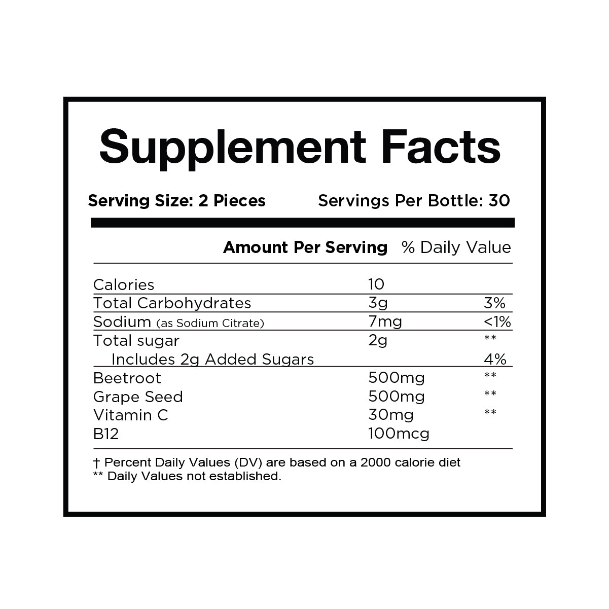 Black and white supplement facts label showing serving size, servings per bottle, calories, nutrients, and ingredients including beetroot, grape seed, vitamin C, and B12, with amounts listed per serving.