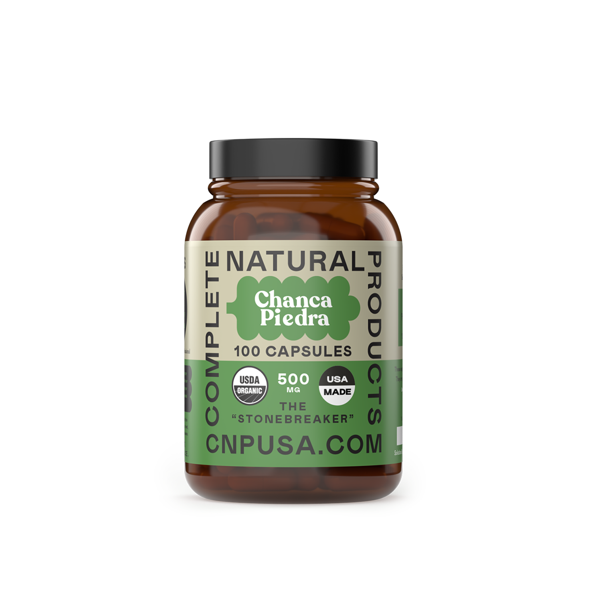 A brown bottle labeled CNPUSA Organic Chanca Piedra Capsules, also called the Stonebreaker for kidney health, contains 100 capsules (500 mg each). The label features USDA Organic and USA Made logos.