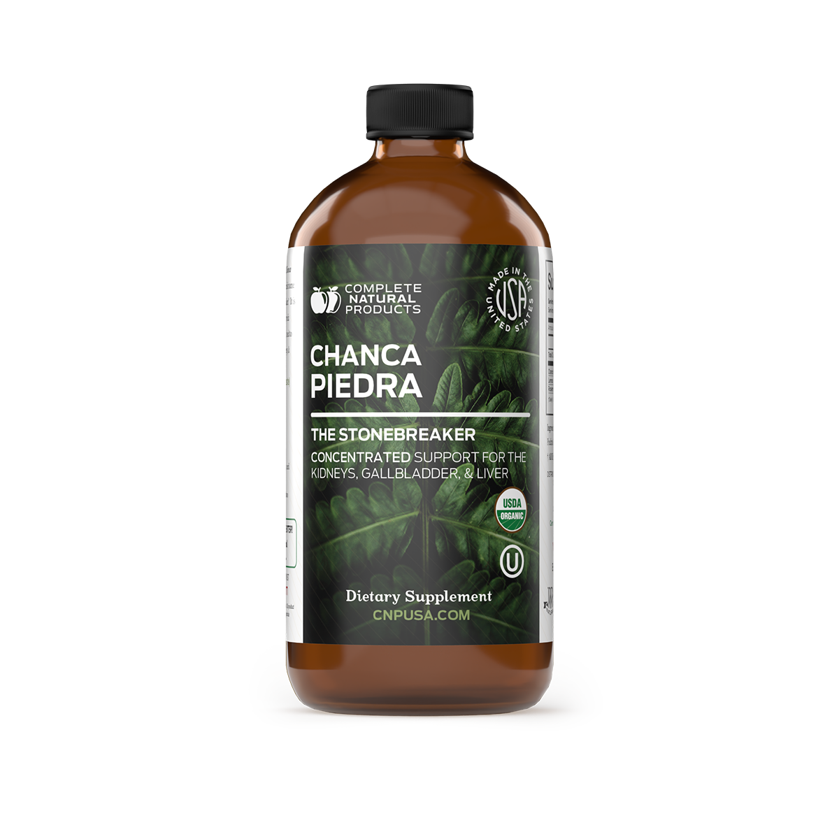A brown bottle labeled Chanca Piedra Concentrate from CNPUSA, offering concentrated herbal support for kidneys, gallbladder, and liver health with organic and dietary supplement certifications.
