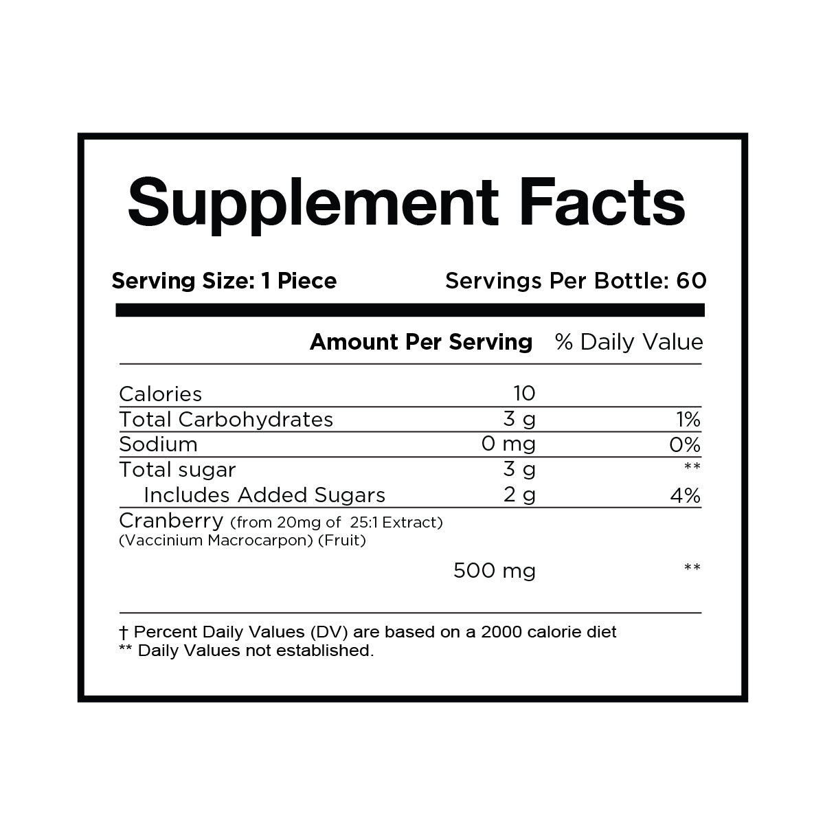 Supplement Facts label showing serving size of 1 piece, 60 servings per bottle, 3g carbohydrates, 0mg sodium, 3g total sugar (2g added), 500mg cranberry extract per serving; daily values listed.
