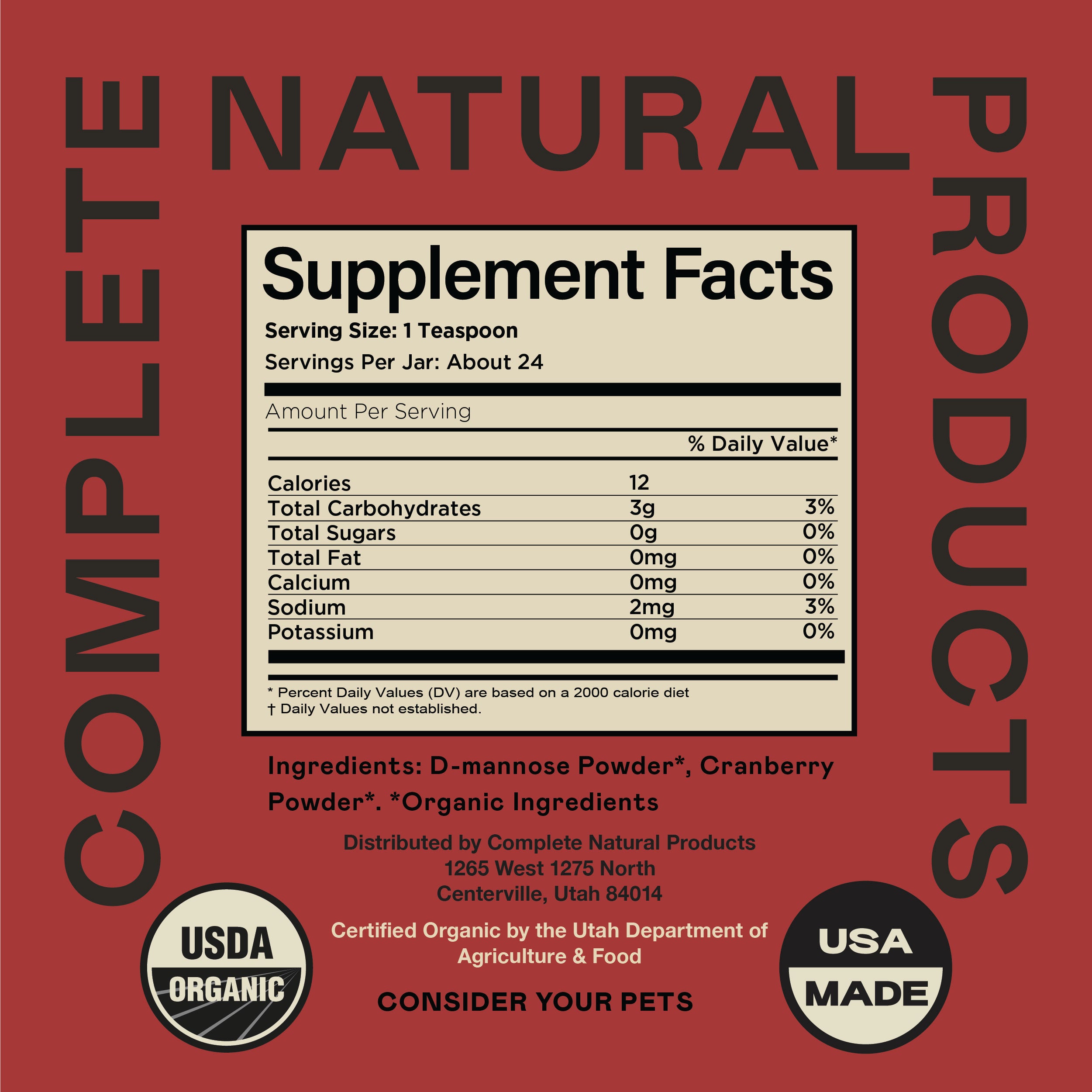 A supplement facts label for Complete Natural Products organic powder, with nutrition information, USDA Organic and USA Made badges, a red background, and CONSIDER YOUR PETS at the bottom.