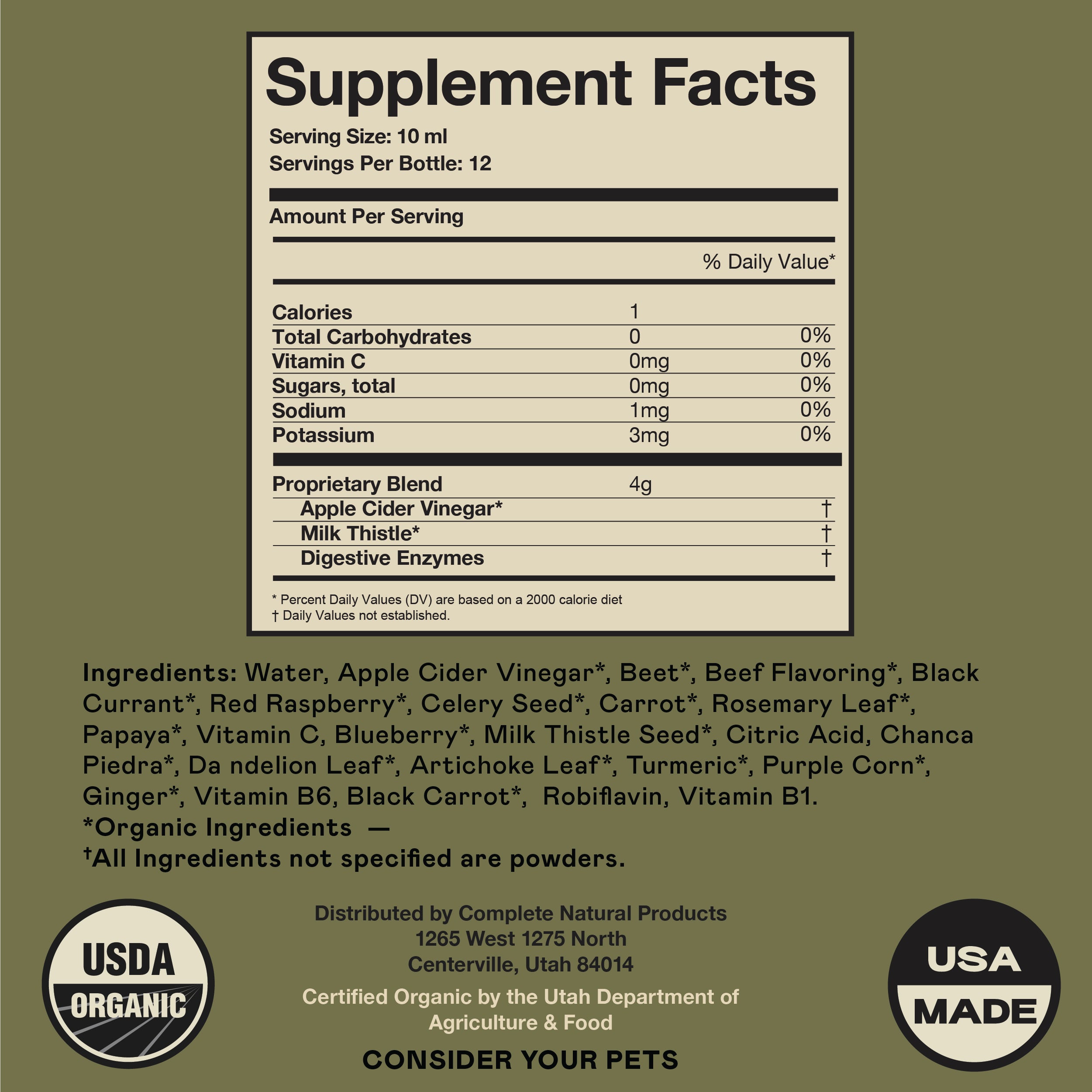 Supplement facts label for a pet product lists ingredients such as apple cider vinegar, beets, berries, herbs, vitamins, and minerals. USDA Organic and USA Made logos are shown, along with contact info and organic certification.