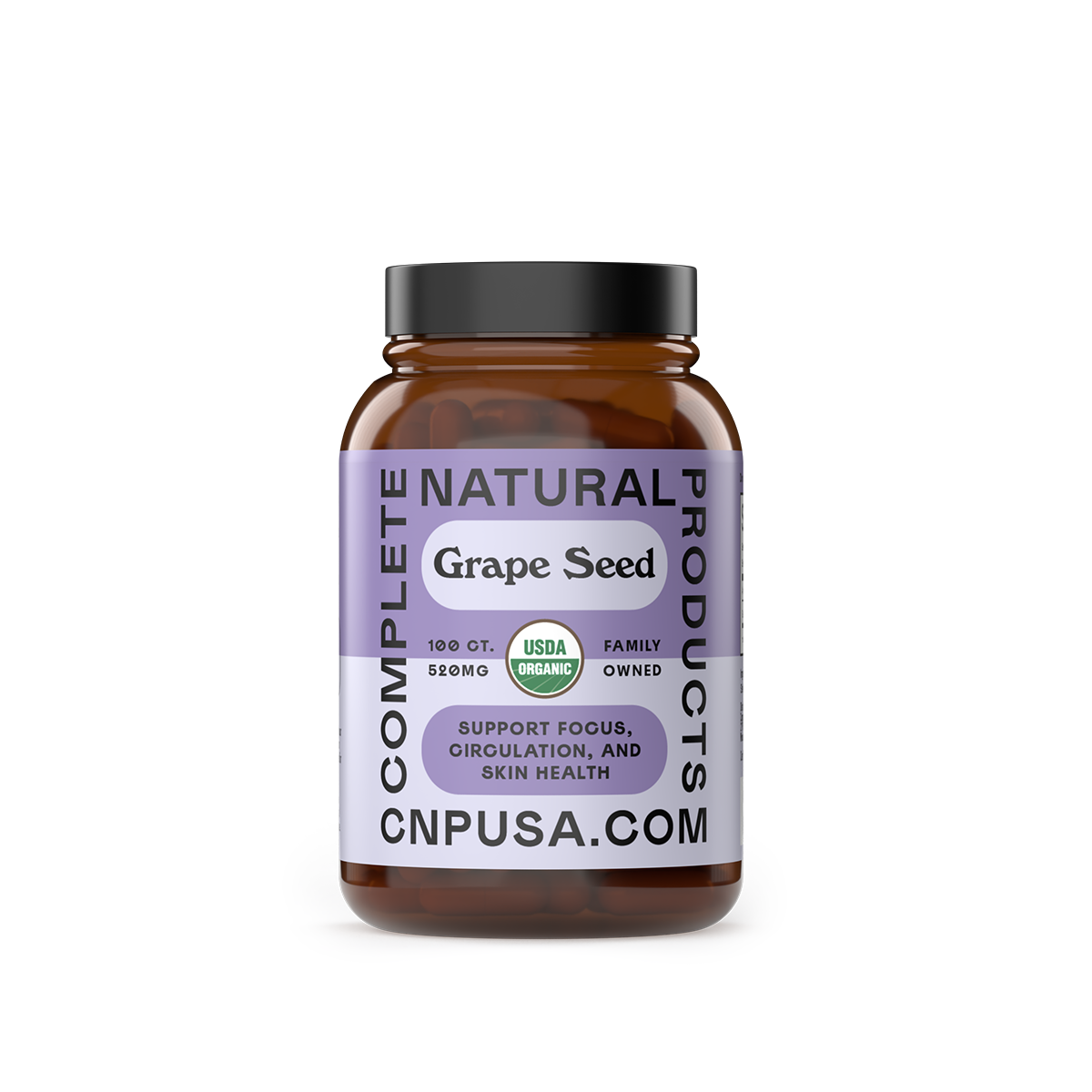 A brown bottle labeled CNPUSA Organic Grape Seed Capsules features a purple label noting organic certification and proanthocyanidins for focus, circulation, and skin health. The website CNPUSA.COM appears at the bottom.