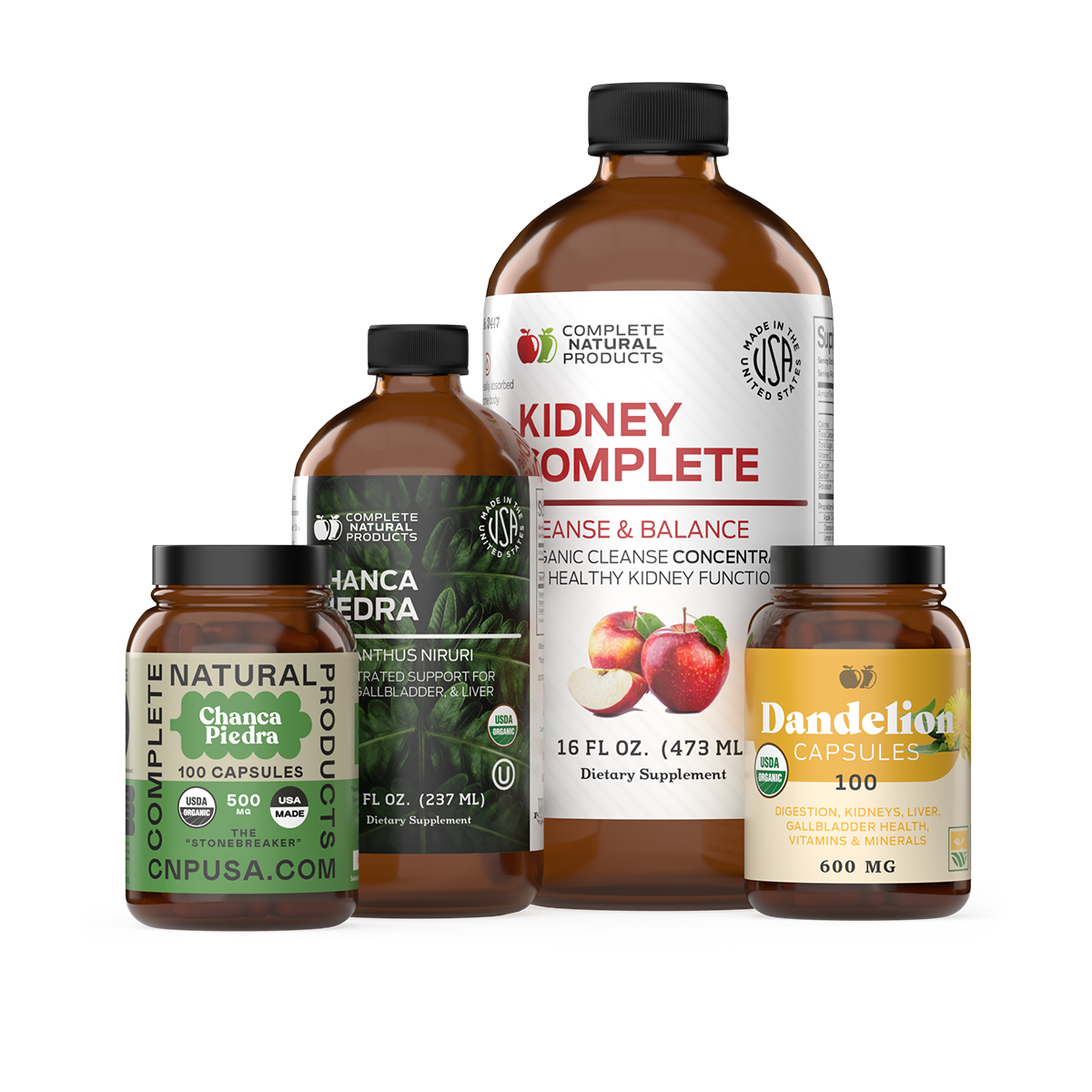 Four brown bottles of CNPUSA’s Kidney Complete Bundle supplements are grouped together, showcasing clear labels and nutrition details, emphasizing kidney health benefits for natural cleanse and detox.