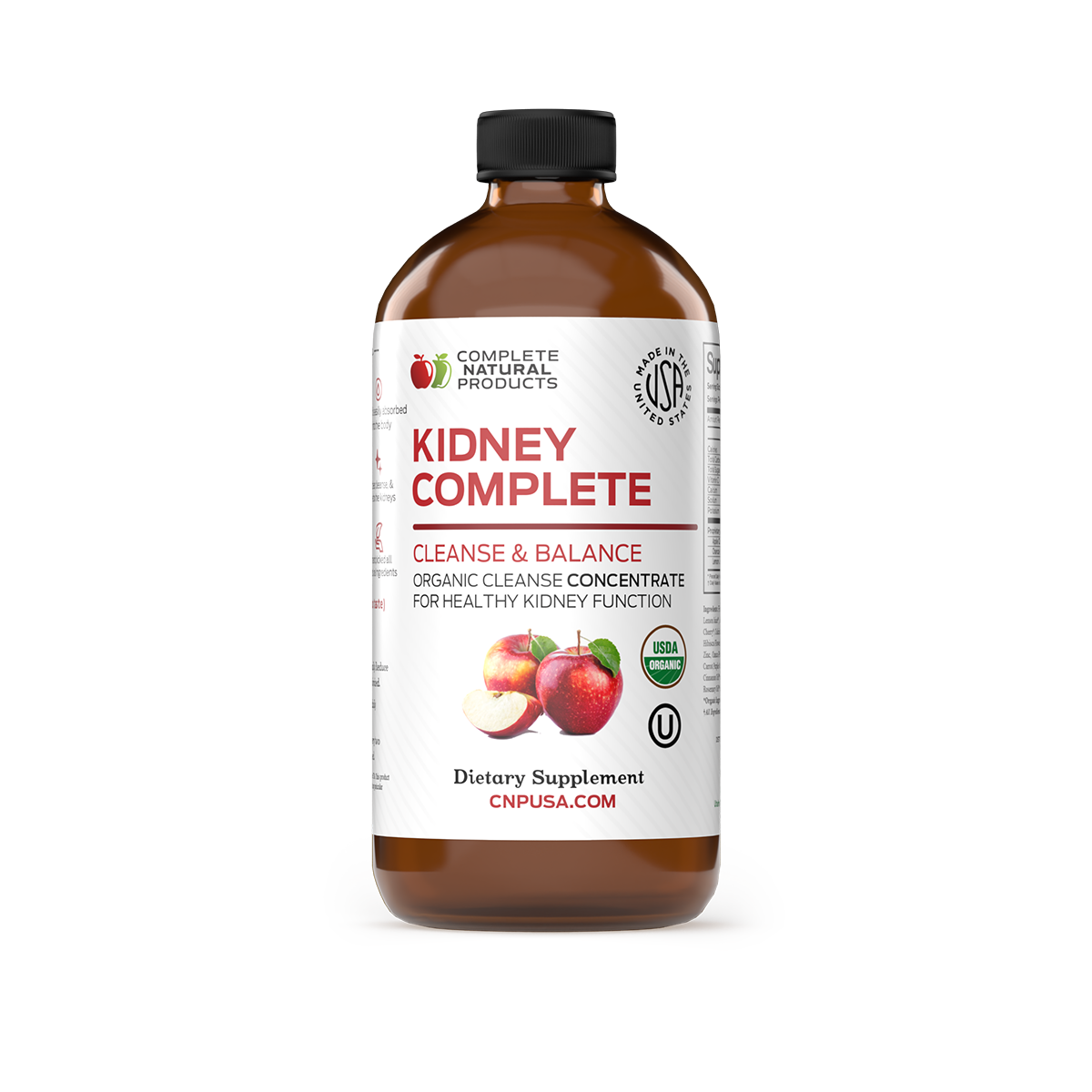 A brown bottle labeled Kidney Complete by CNPUSA, featuring organic certification logos, apples, and text promoting kidney cleanse, balance, and support with organic ingredients.