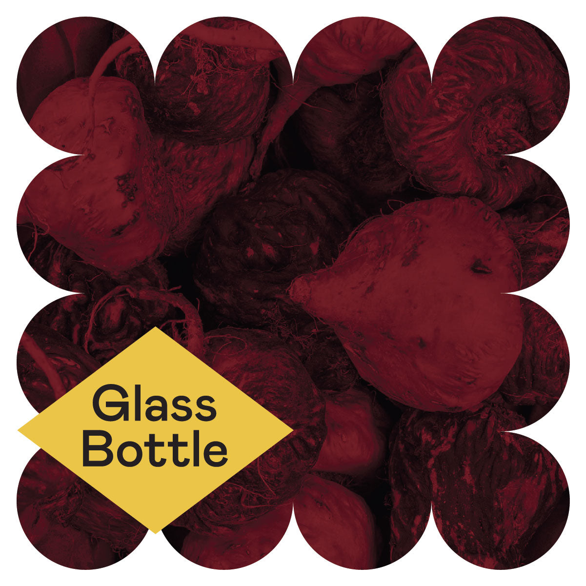 A cluster of dark red beets is overlaid with a yellow diamond shape containing the text Glass Bottle. The image has a scalloped border with a white background.