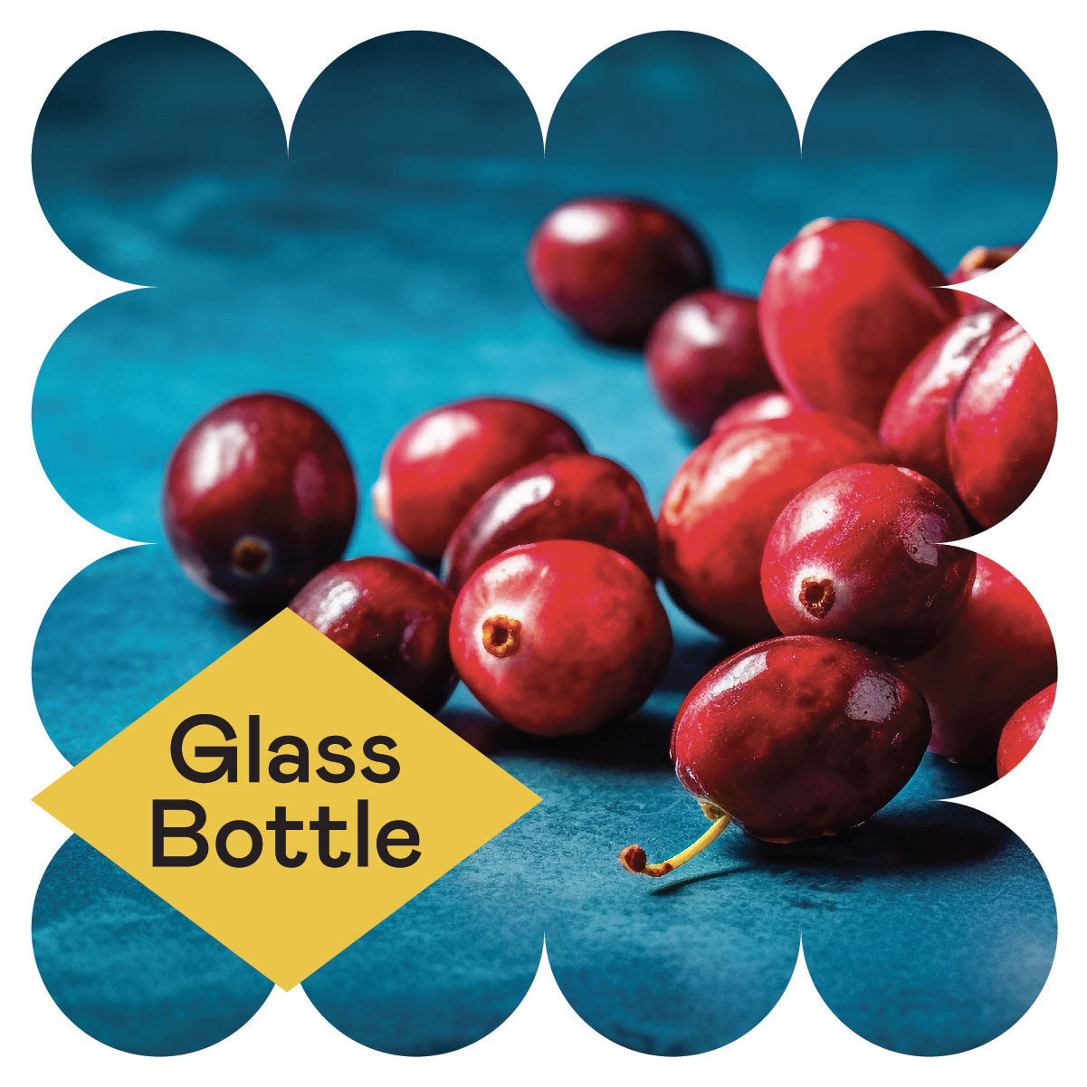 A cluster of red grapes on a blue surface, with a yellow diamond shape containing the words Glass Bottle in bold black text in the lower left corner.
