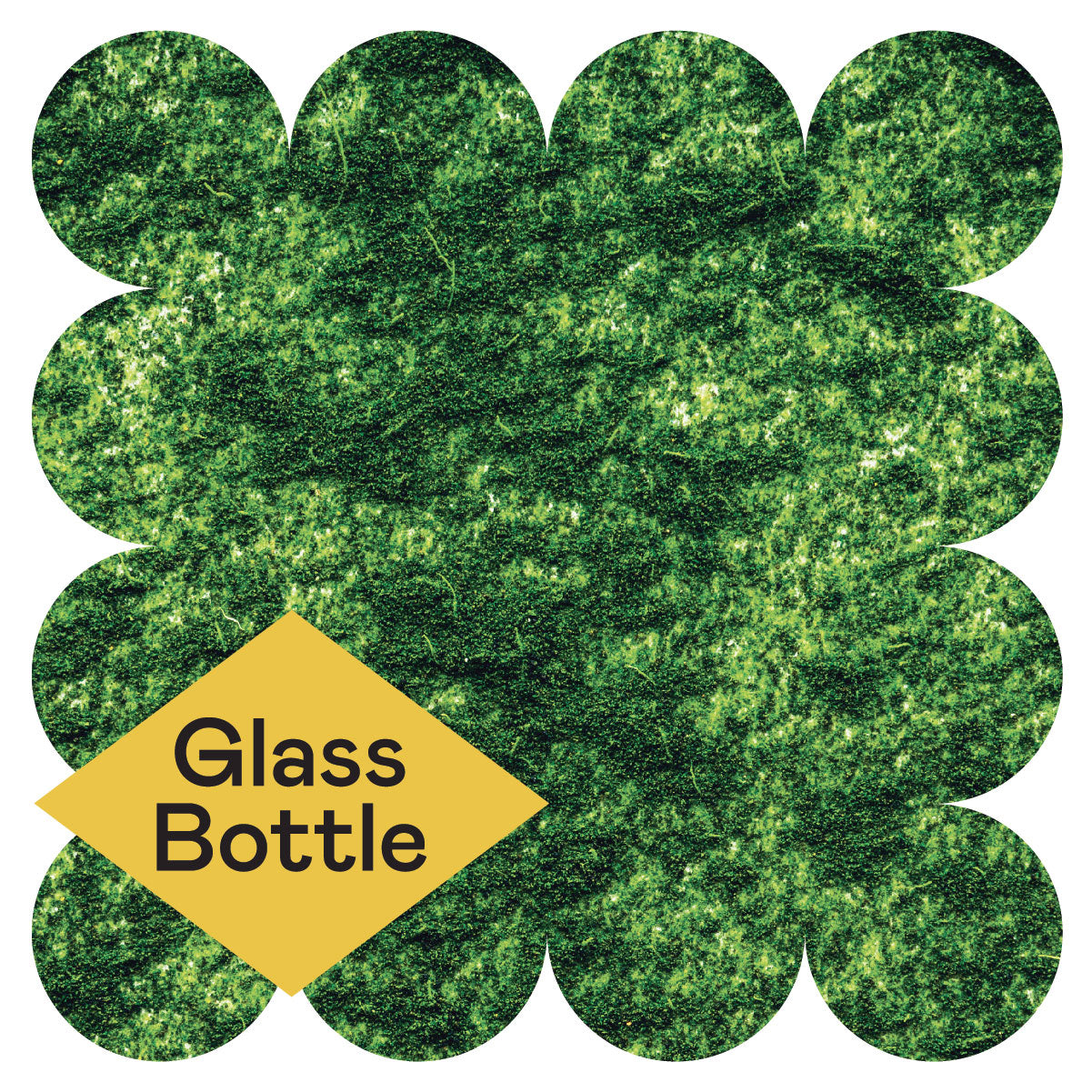A textured green background with a border of overlapping green circles. In the lower left corner, a yellow diamond shape contains the words Glass Bottle in bold black lettering.