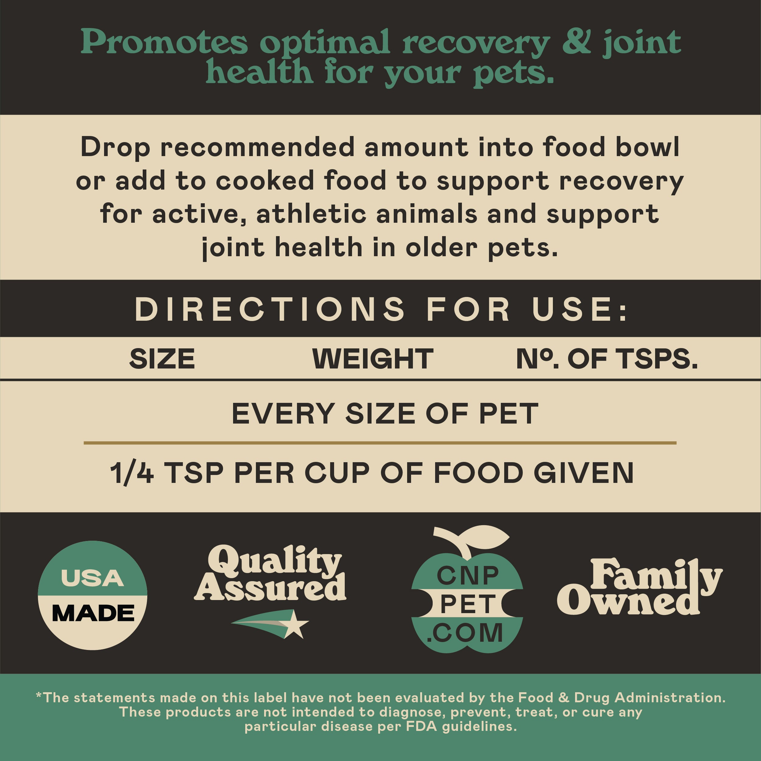Promotional graphic for a pet supplement, detailing usage instructions based on pet size and weight. It highlights joint health benefits, quality assurance, USA made, and family-owned status.