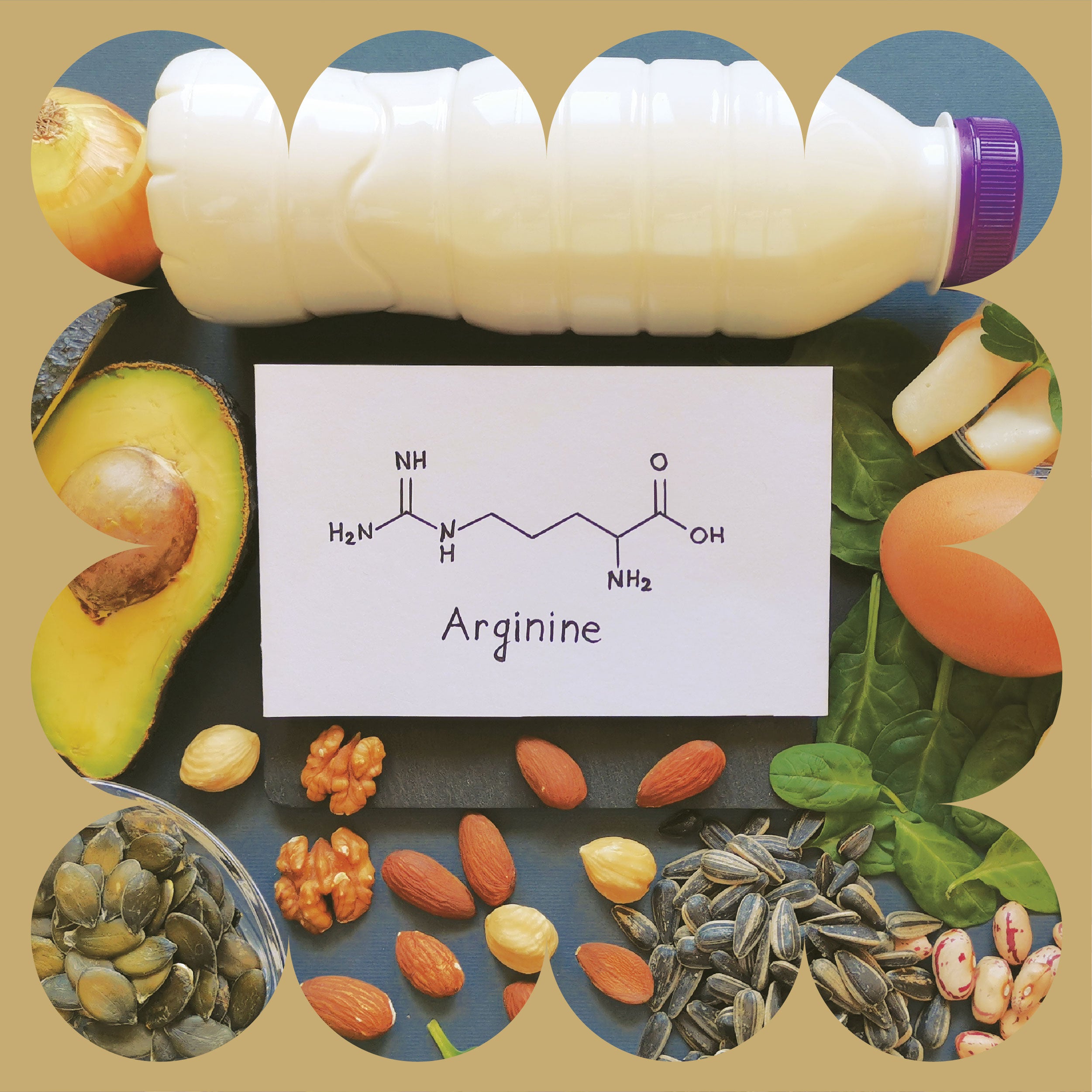 A card with the chemical structure of arginine is surrounded by foods rich in arginine, including avocado, nuts, seeds, spinach, egg, milk, and cheese, all arranged on a blue surface with a tan decorative border.