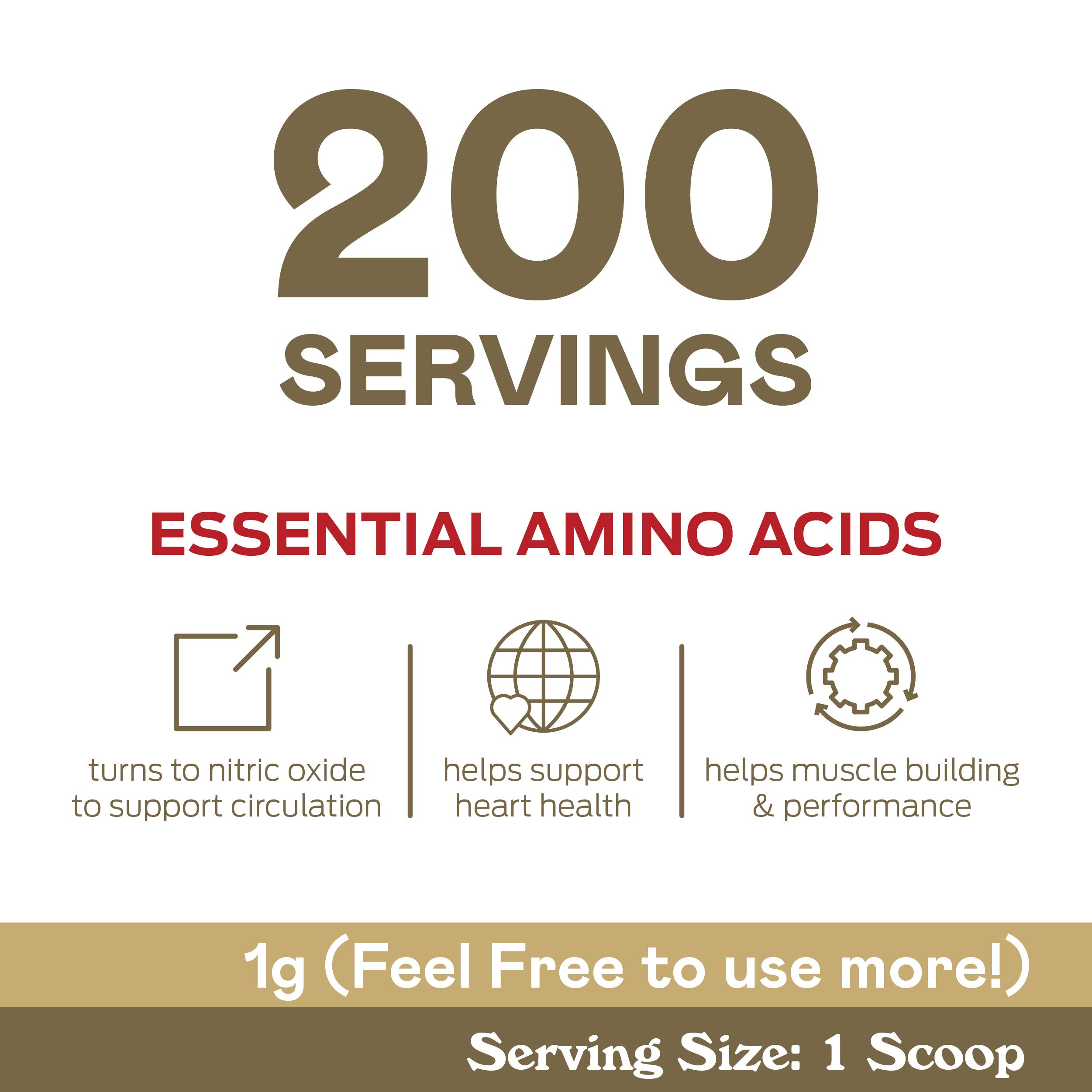 Text graphic stating: 200 servings, Essential Amino Acids. Turns to nitric oxide to support circulation; helps support heart health; helps muscle building & performance. 1g (Feel free to use more!) Serving size: 1 scoop.