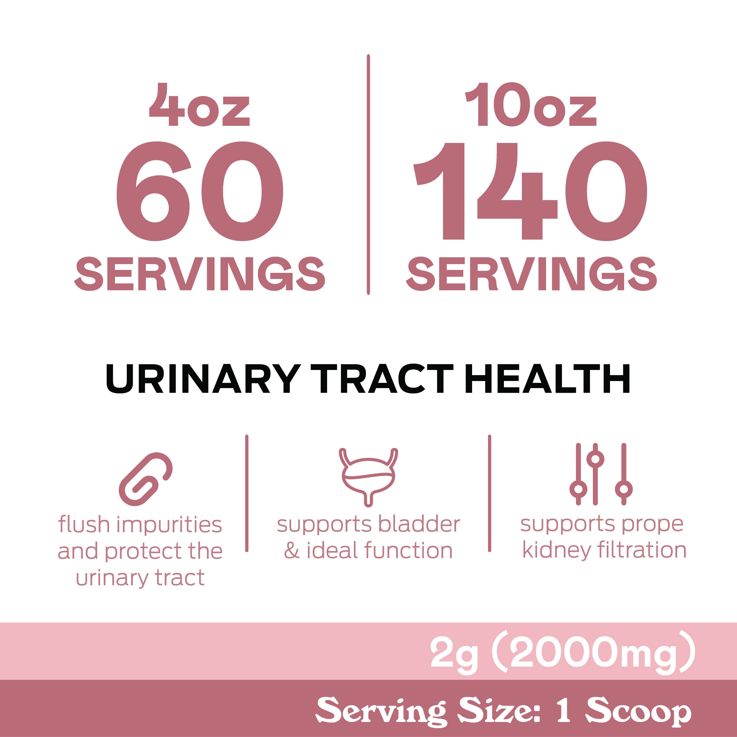 Infographic showing 4oz gives 60 servings, 10oz gives 140 servings, for urinary tract health. Icons and text highlight benefits: flushing impurities, supporting bladder and kidney filtration. Serving size: 1 scoop (2g/2000mg).