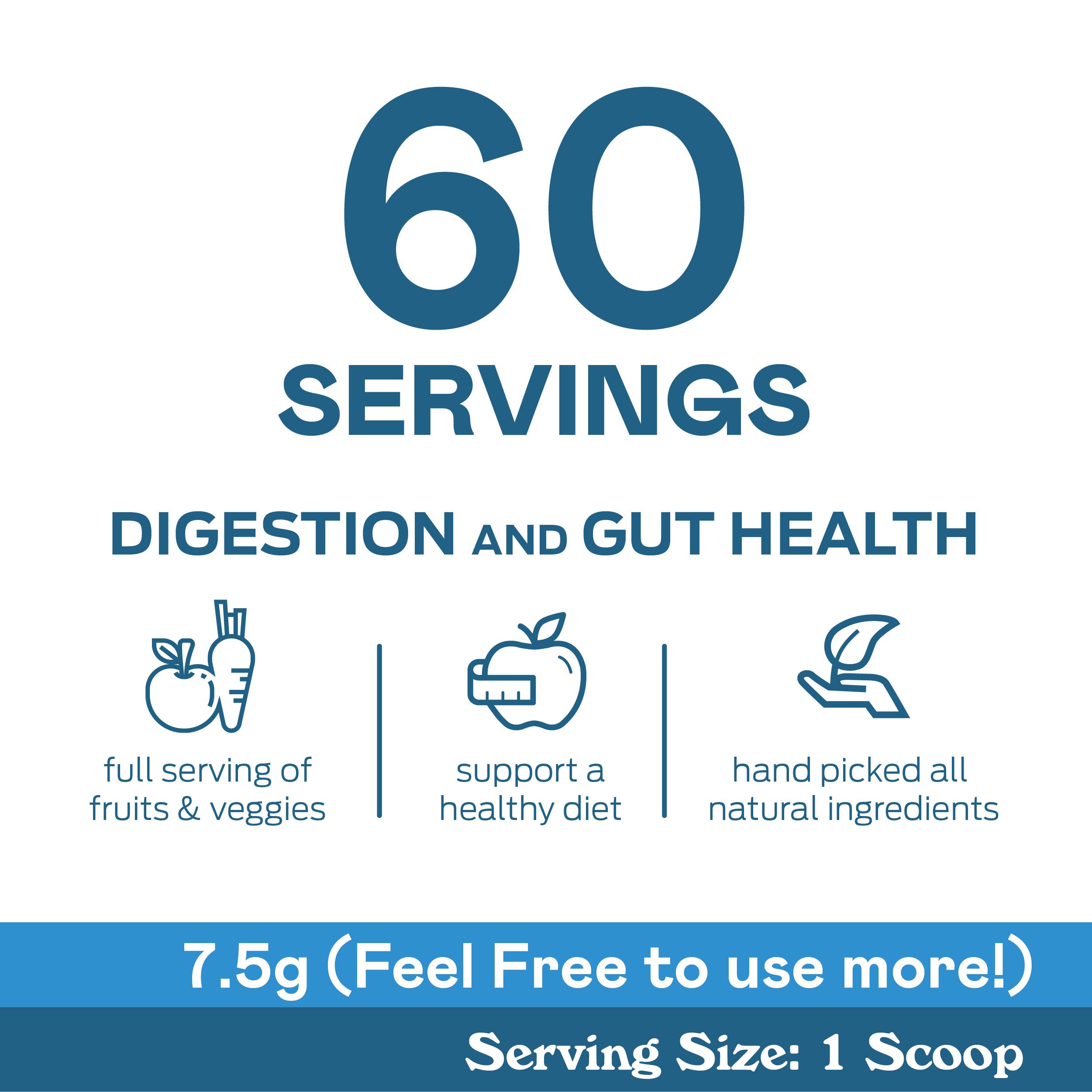 Image text: 60 SERVINGS. DIGESTION AND GUT HEALTH. full serving of fruits & veggies, support a healthy diet, hand picked all natural ingredients. 7.5g (Feel Free to use more!). Serving Size: 1 Scoop. Icons accompany each benefit.