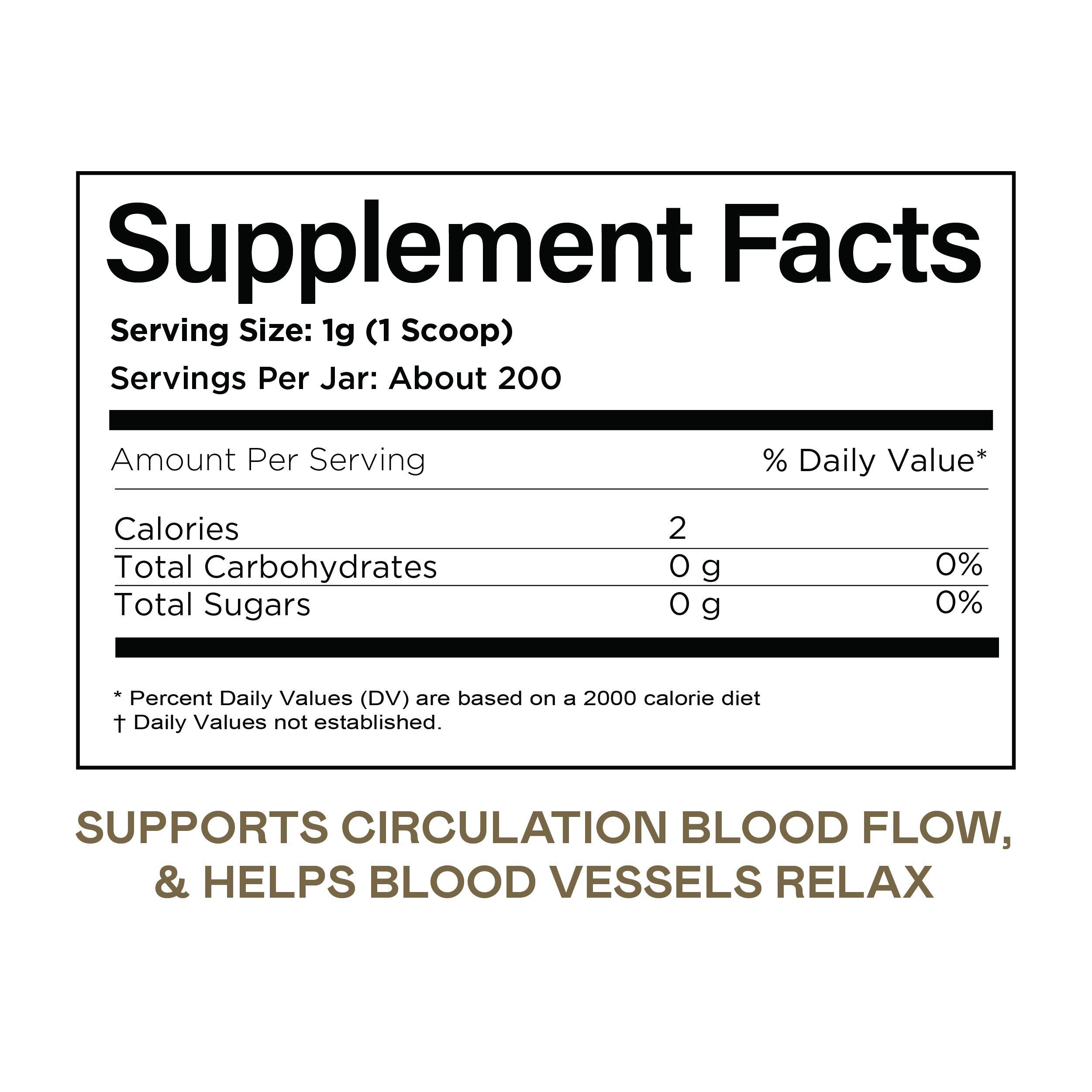Black and white supplement facts label showing serving size, calories, and nutrients. Below, gold text reads: Supports circulation blood flow, & helps blood vessels relax.