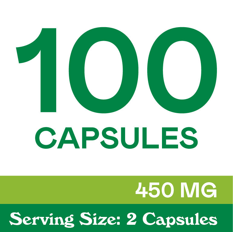Image with text: 100 CAPSULES in large green letters, 450 MG in white on a green background, and Serving Size: 2 Capsules in white at the bottom on a darker green background.