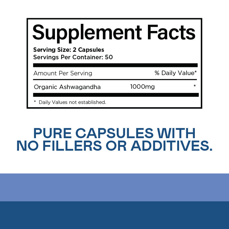 Supplement Facts label for organic Ashwagandha, showing 2 capsules per serving, 50 servings per container, 1000mg per serving, and a note stating Pure capsules with no fillers or additives.
