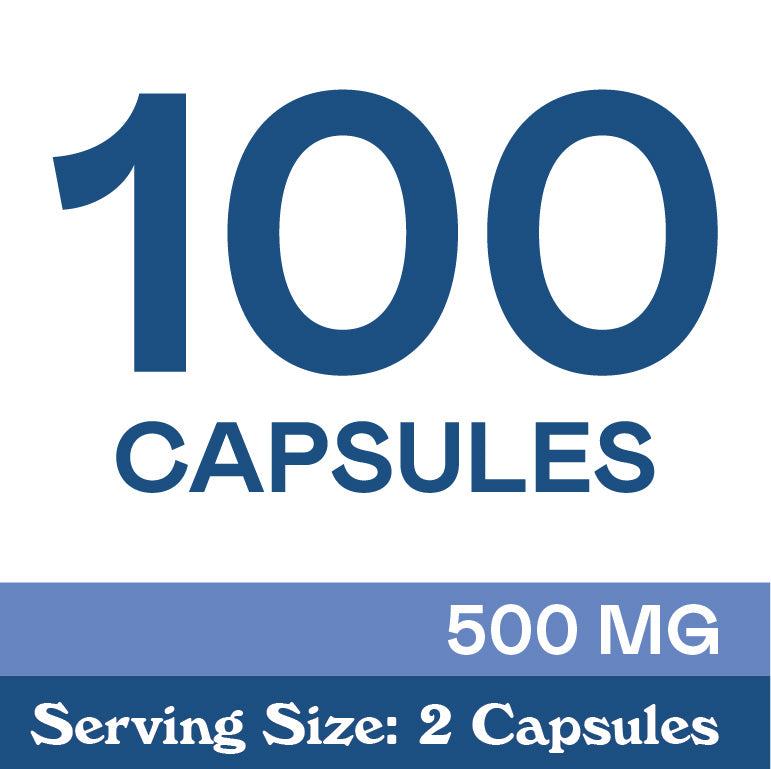 Text reads: “100 CAPSULES. 500 MG. Serving Size: 2 Capsules” in blue and white with large, bold numbers and letters.