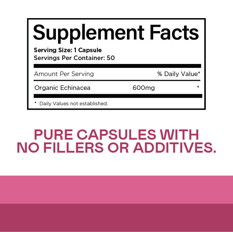 Supplement facts label showing 600 mg of organic echinacea per capsule, 50 servings per container. Text below states: PURE CAPSULES WITH NO FILLERS OR ADDITIVES. Pink and white background.