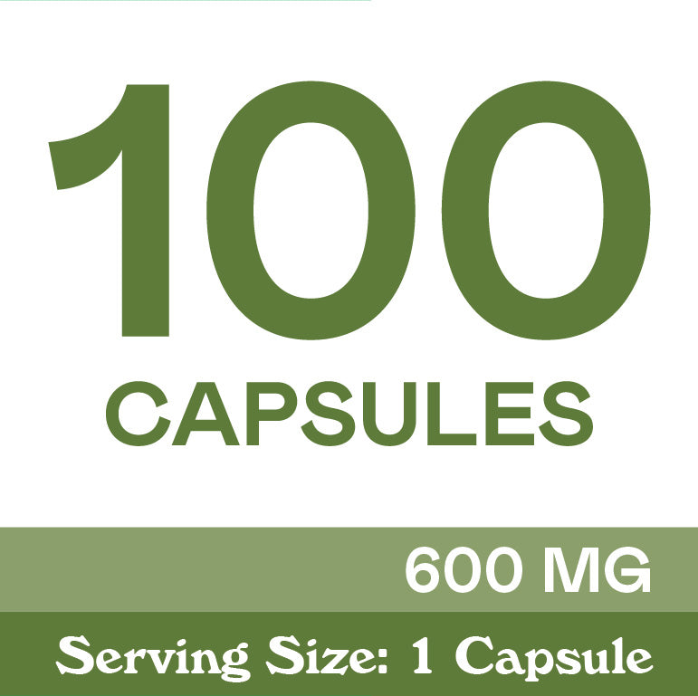 Image showing 100 CAPSULES in large green text, 600 MG to the right, and Serving Size: 1 Capsule at the bottom, all on a white and green background.