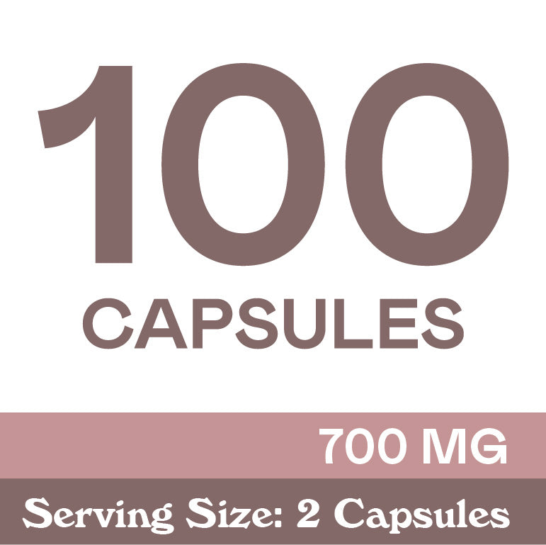 Image showing 100 CAPSULES in large text, with 700 MG and Serving Size: 2 Capsules written below in a contrasting band.