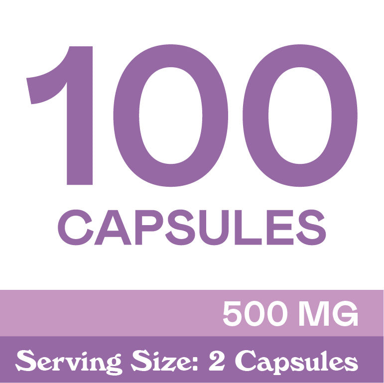 Text reads: 100 capsules, 500 mg, Serving Size: 2 Capsules in large purple and white font on a plain background.