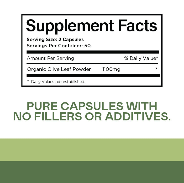 A supplement facts label shows 2 capsules per serving and 50 servings per container, with 1100mg of organic olive leaf powder per serving. Text below reads, PURE CAPSULES WITH NO FILLERS OR ADDITIVES.