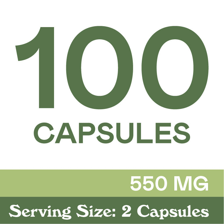Image showing 100 CAPSULES in large green letters, 550 MG in white text on a green background, and Serving Size: 2 Capsules in white text below.