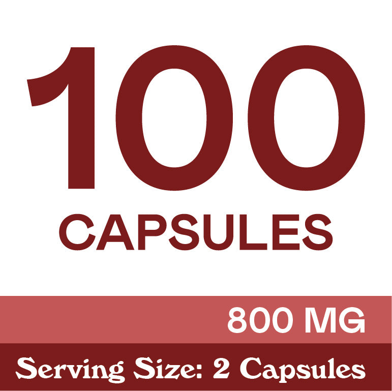 Text graphic showing 100 CAPSULES in large red letters. Below, it states 800 MG and Serving Size: 2 Capsules on a red background.