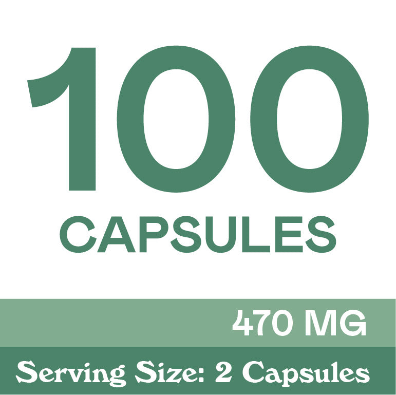 Text reads: 100 CAPSULES, 470 MG, Serving Size: 2 Capsules, in bold green and white text.