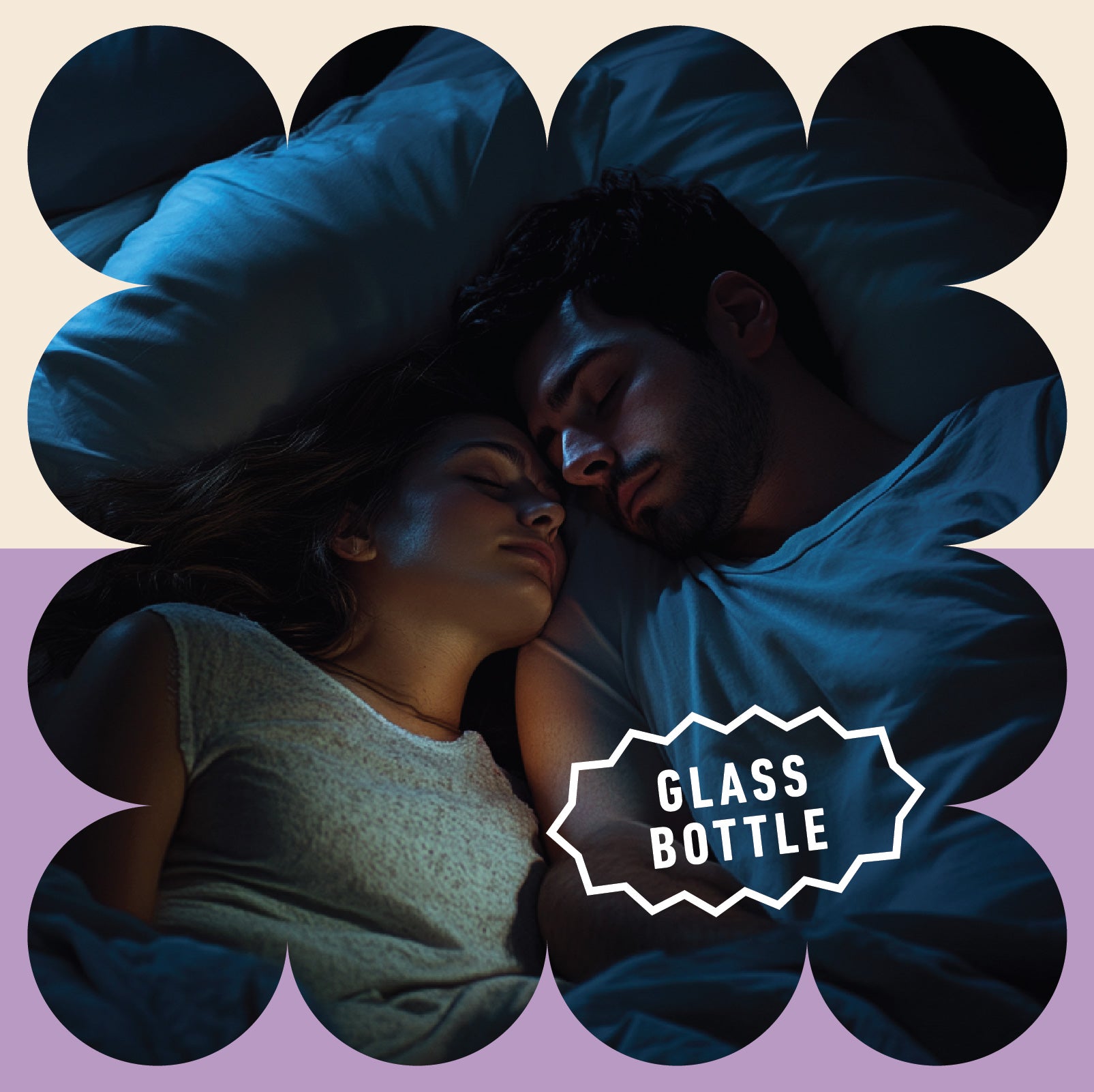 A man and woman sleep closely together in bed, facing each other. The image has a decorative border with the words GLASS BOTTLE written inside a label shape near the bottom.