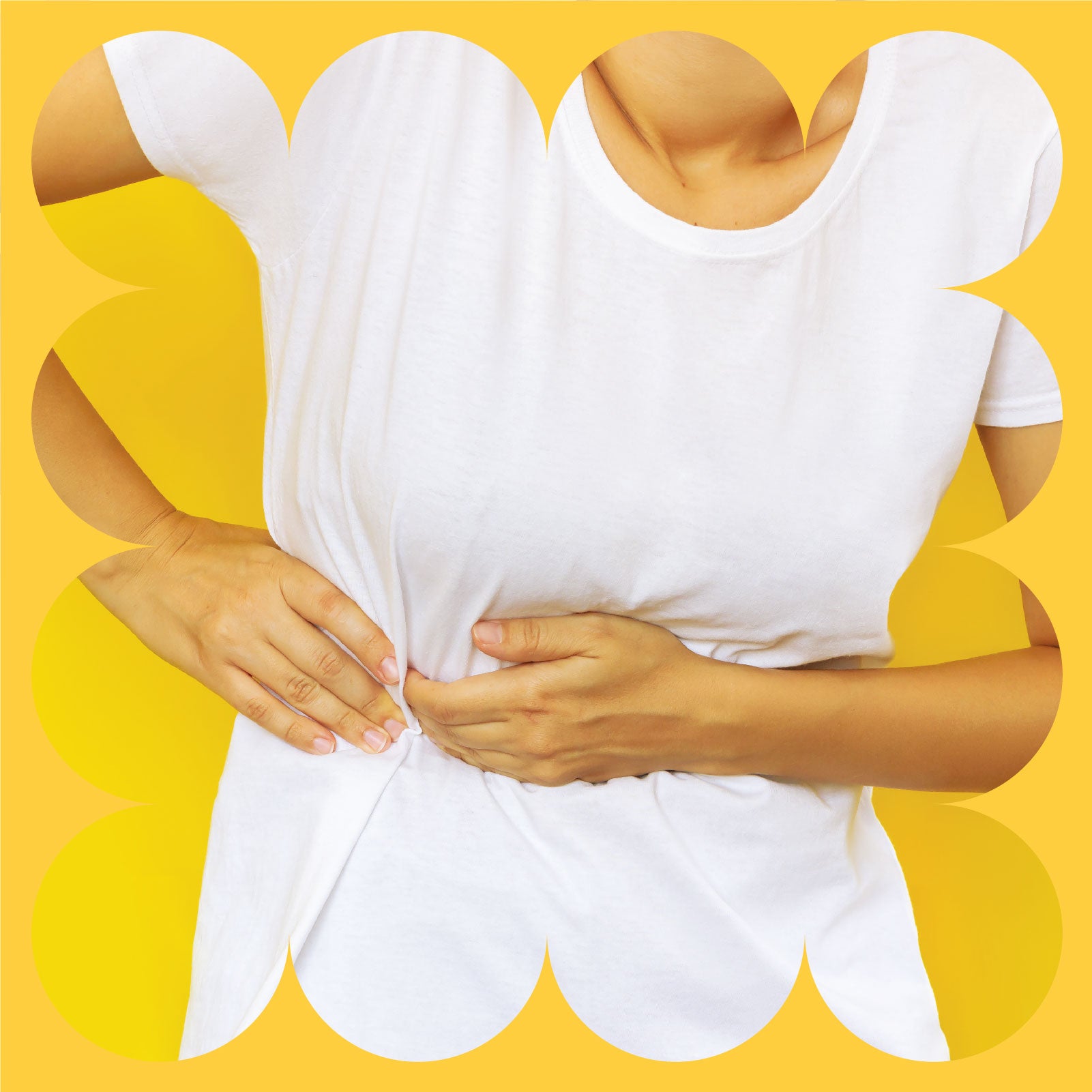 A person in a white shirt holds their side and stomach with both hands, appearing to be in pain or discomfort, against a bright yellow background with a decorative border.