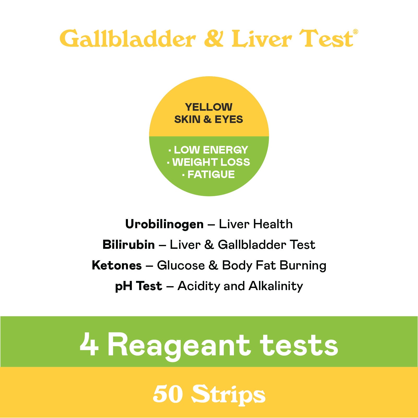 Image of a packaging label for a Gallbladder & Liver Test featuring yellow and green text about symptoms, test types, and product features. It advertises 4 reagent tests and includes 50 strips per pack.