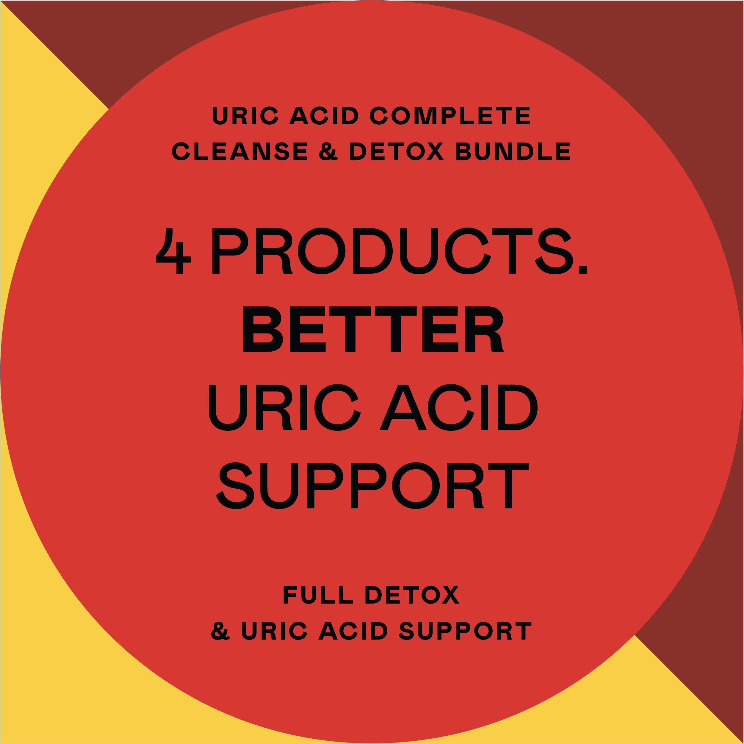 Large red circle with bold black text reads: 4 PRODUCTS. BETTER URIC ACID SUPPORT. Smaller text above and below highlights a uric acid complete cleanse & detox bundle, and mentions full detox and uric acid support.