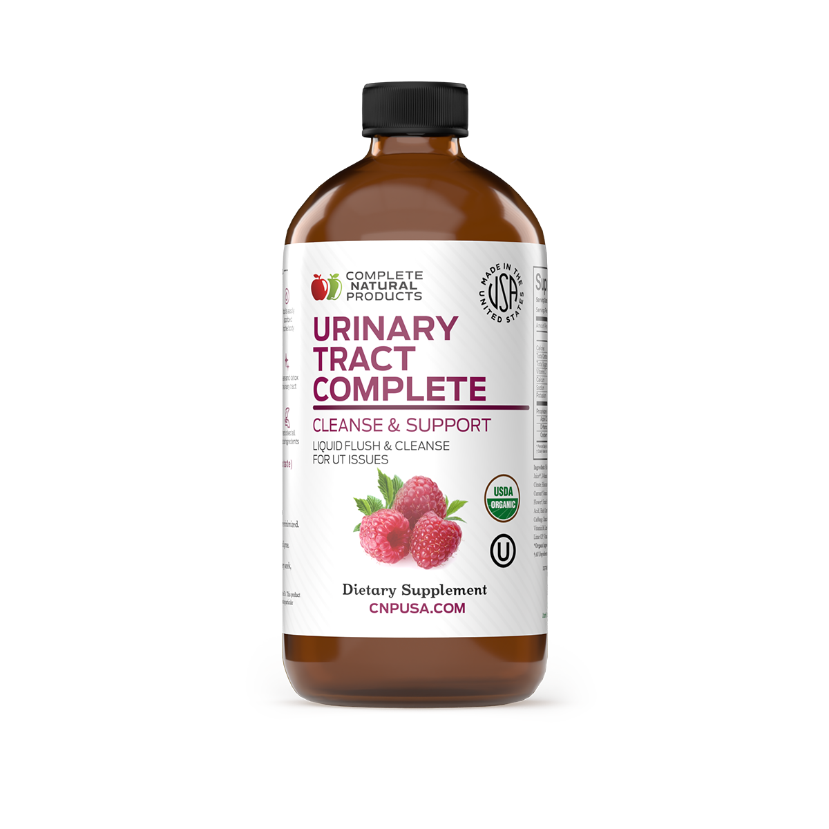 A brown bottle labeled Urinary Tract Complete by CNPUSA features raspberry graphics and USDA Organic and Kosher certifications, providing organic liquid support for urinary tract health.