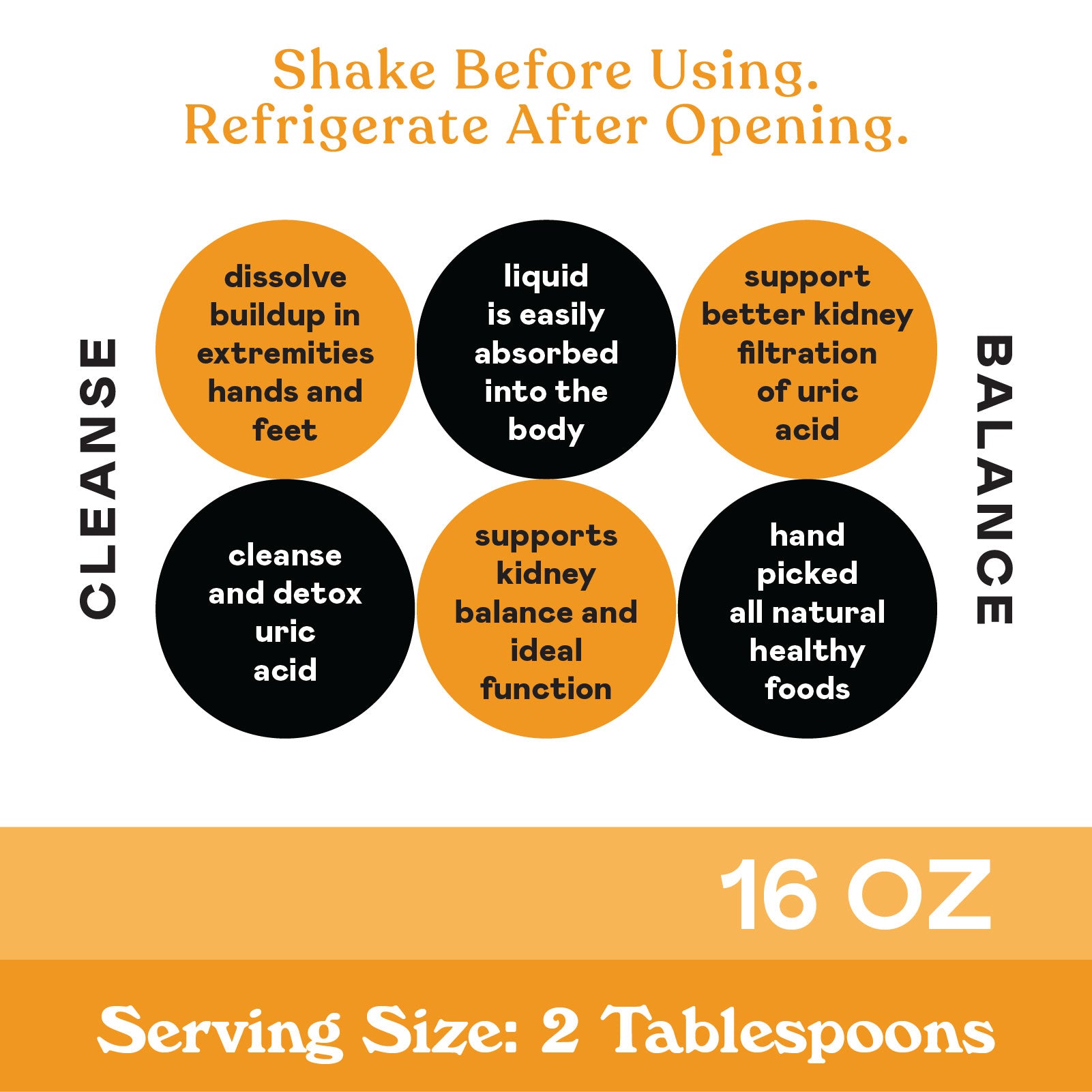 Infographic with cleanse and balance tips for using a product: dissolve uric acid, detox, absorption, kidney support, healthy foods. Text: Shake before use, refrigerate, 16 oz, serving size 2 tablespoons.