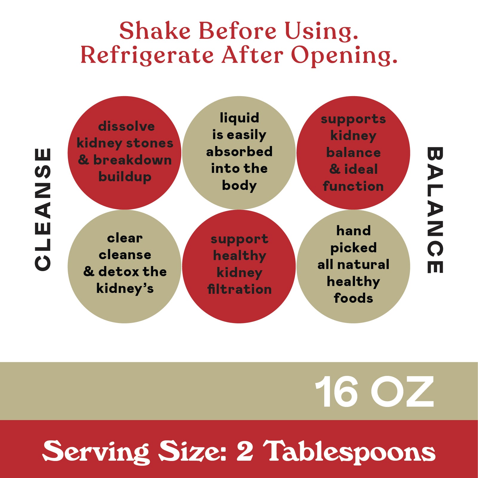 Product label with red and beige circles listing benefits: dissolves kidney stones, clear cleanse, supports healthy filtration, easily absorbed liquid, supports kidney function, handpicked healthy foods. Serving size: 2 tablespoons, 16 oz.