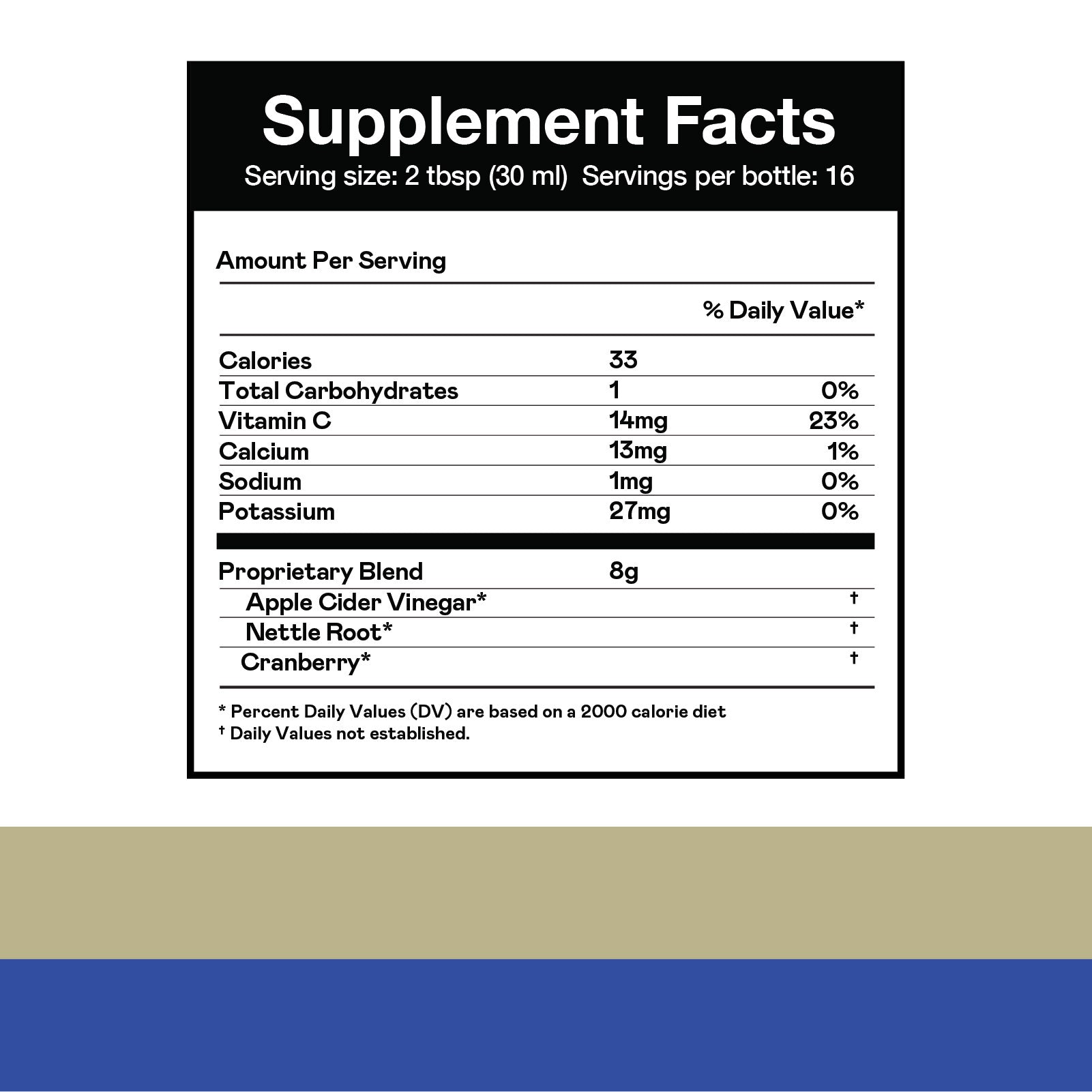 Supplement Facts label showing serving size (2 tbsp/30 ml), servings per bottle (16), calories (33), carbs (1g), vitamins and minerals, and a proprietary blend of apple cider vinegar, nettle root, and cranberry.