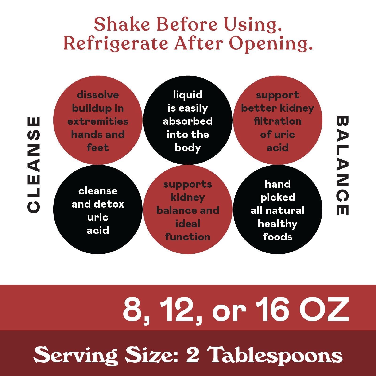 Infographic with Shake Before Using. Refrigerate After Opening. at the top, listing cleanse and balance benefits in circles, and saying 8, 12, or 16 OZ. Serving Size: 2 Tablespoons at the bottom.