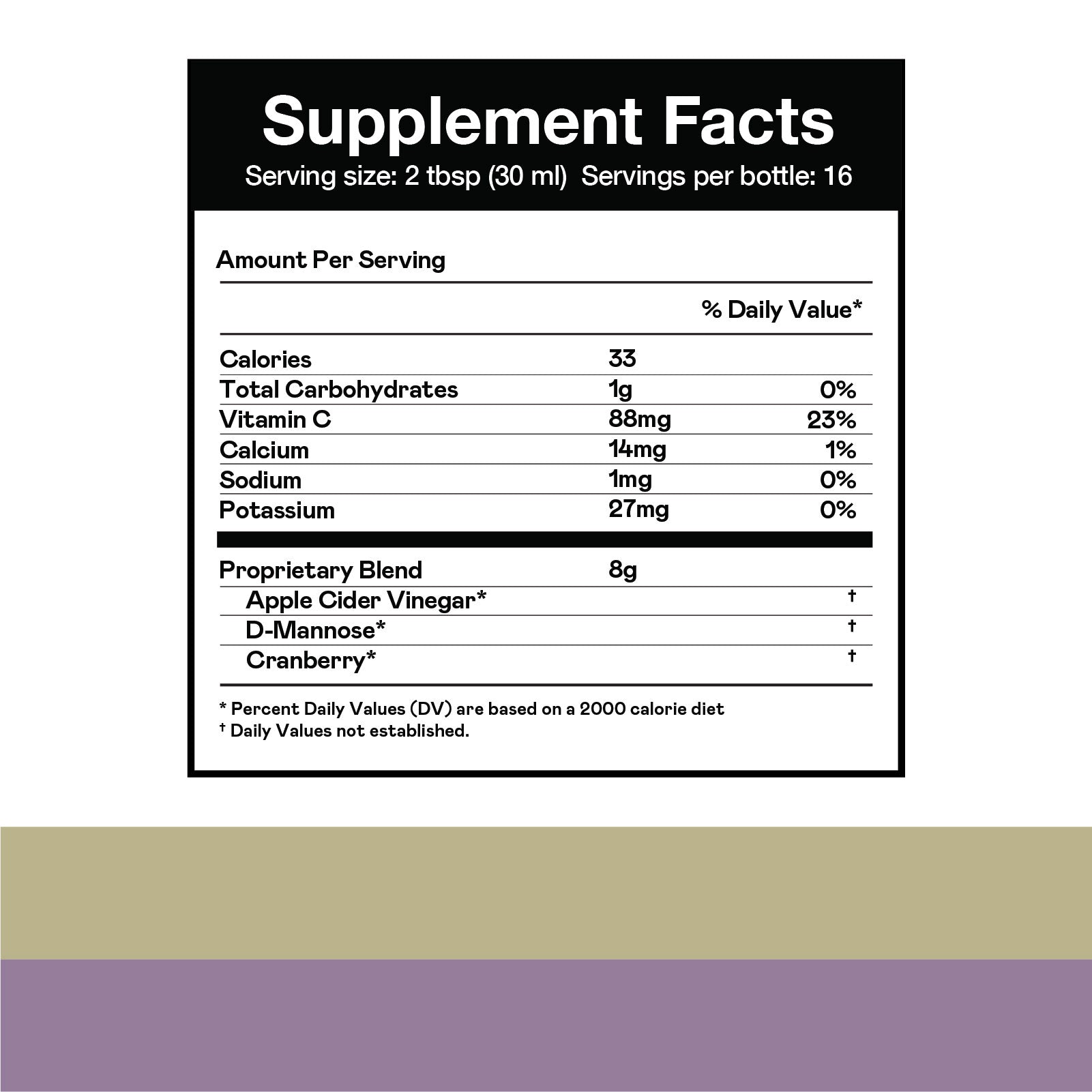 Supplement Facts label showing nutrients per 2 tbsp (30 ml) serving: 33 calories, 1g carbohydrates, 86mg Vitamin C (23% DV), 14mg calcium, 1mg sodium, 27mg potassium, and an 8g proprietary blend.