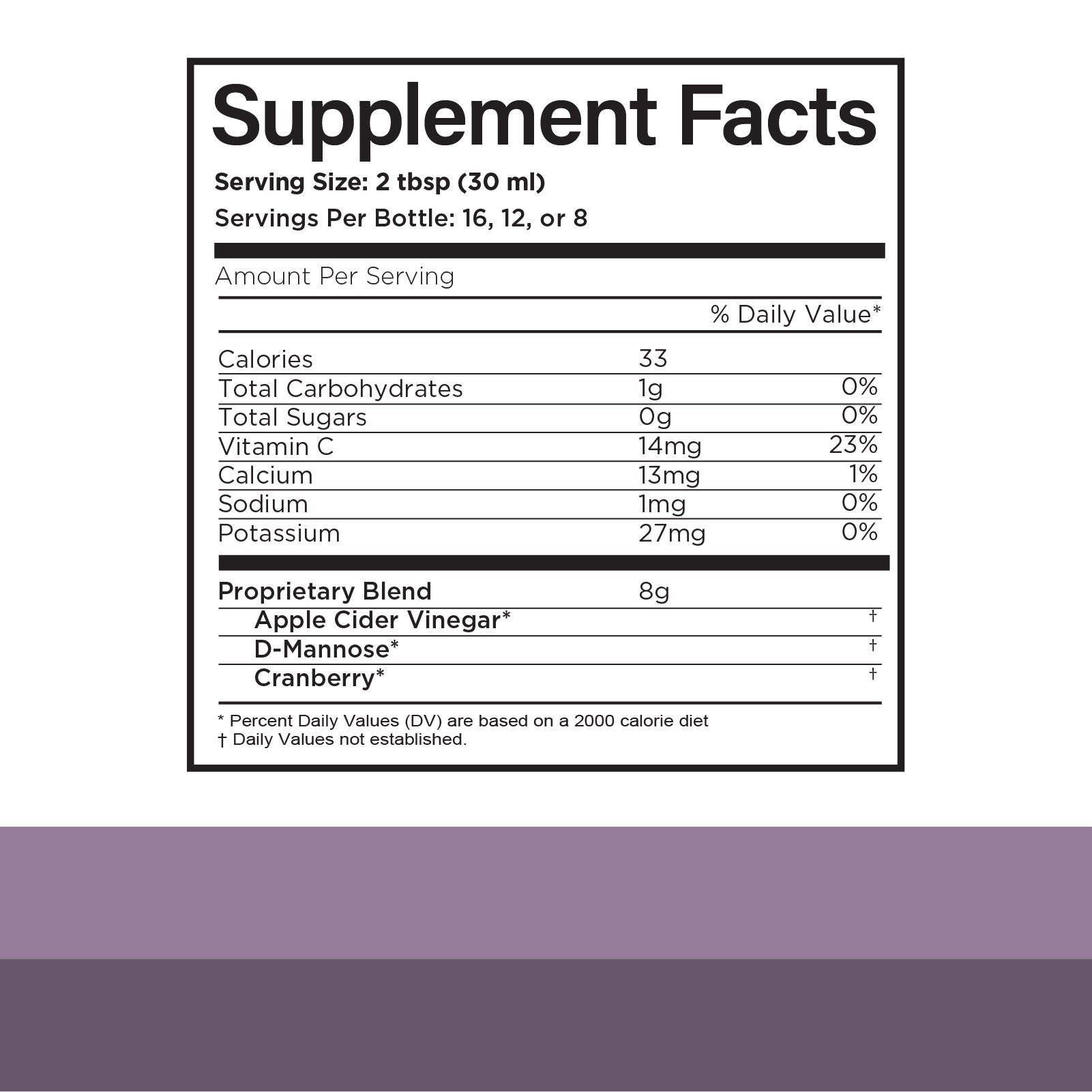 Supplement Facts label for a product, showing a serving size of 2 tbsp (30 ml) with nutrients like calories, carbs, vitamin C, calcium, sodium, potassium, and a proprietary blend with apple cider vinegar, D-mannose, and cranberry.